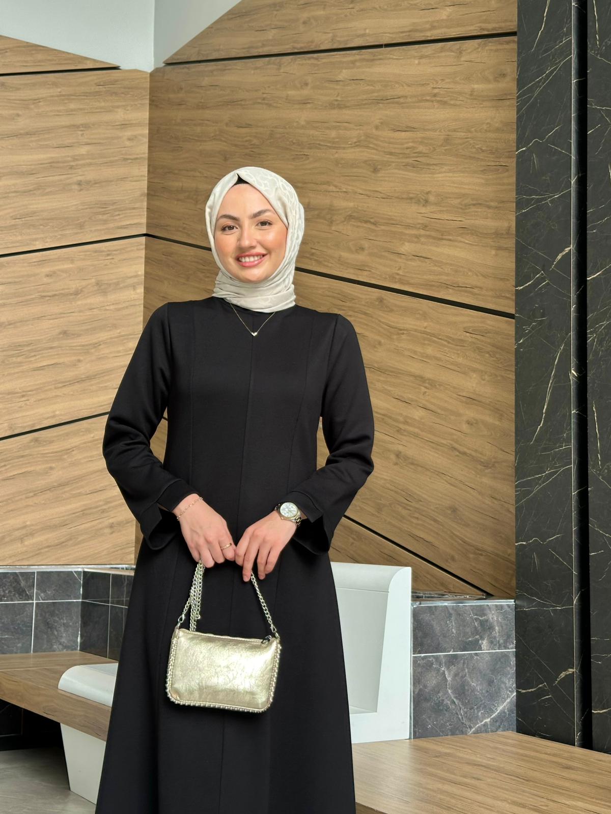 Double Oysh Kumaş Bade Elbise  - Siyah