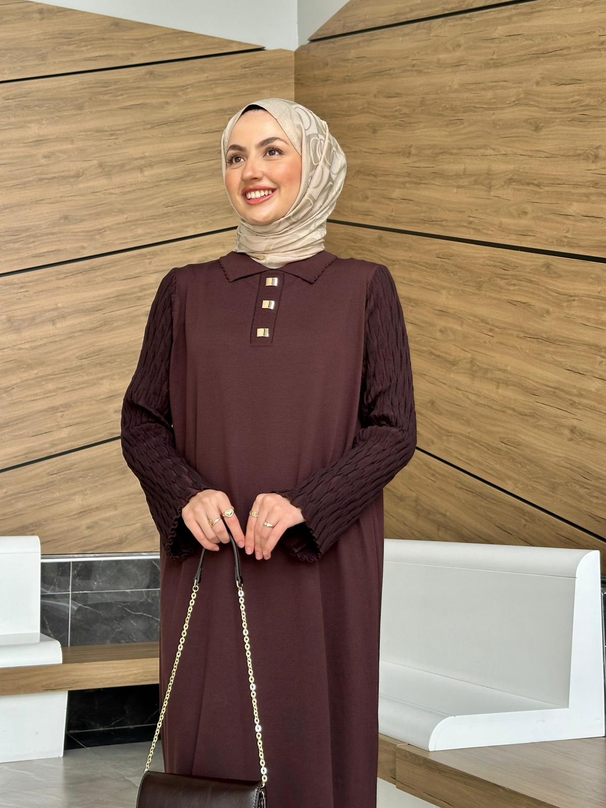 Kolu Örme Detay Efruz Merserize Elbise - Acı kahve