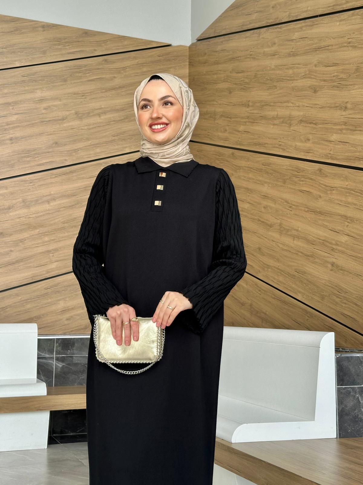 Kolu Örme Detay Efruz Merserize Elbise - Siyah