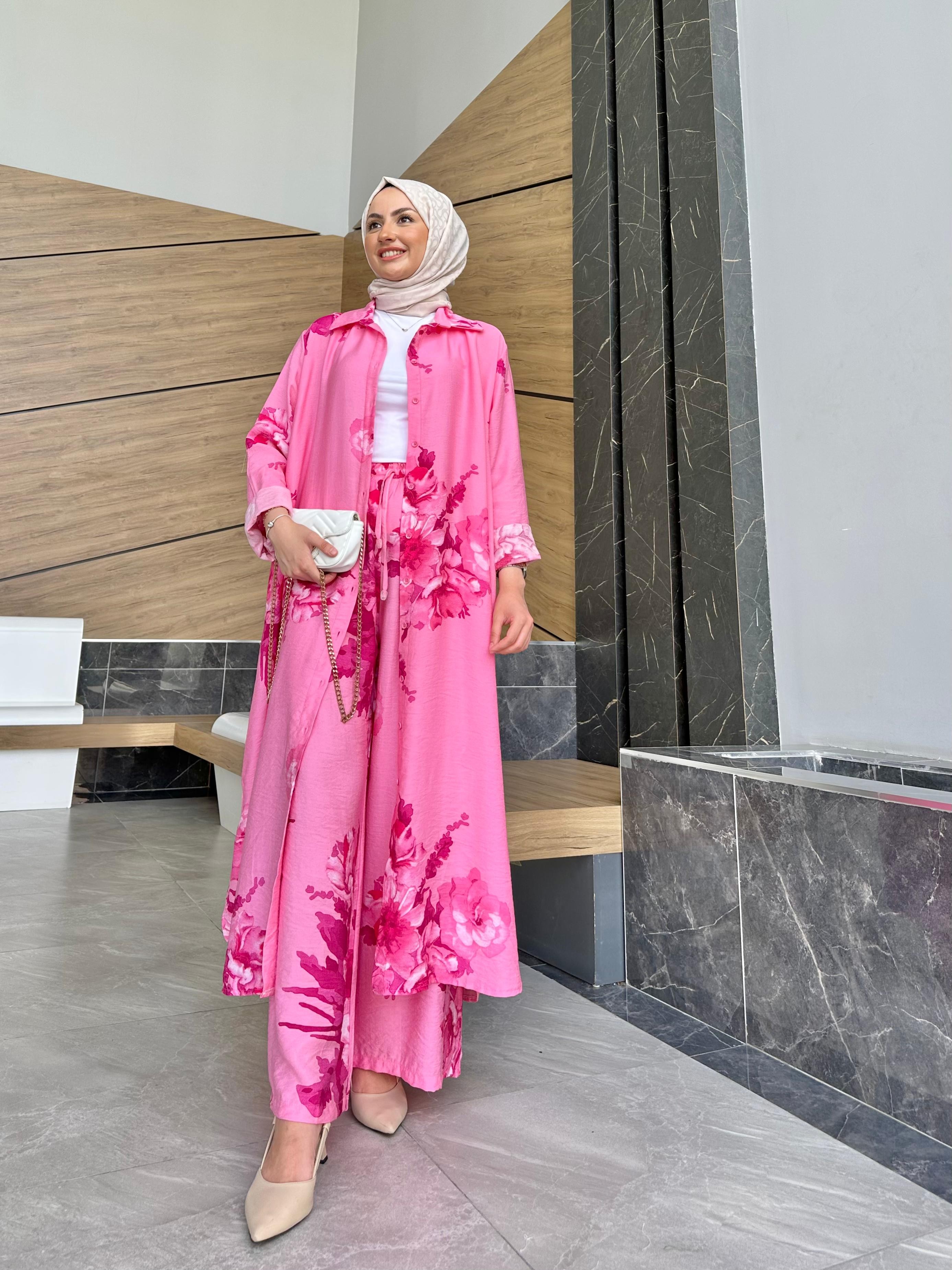 Keten Pantolonlu  Selvi Takım - Pembe