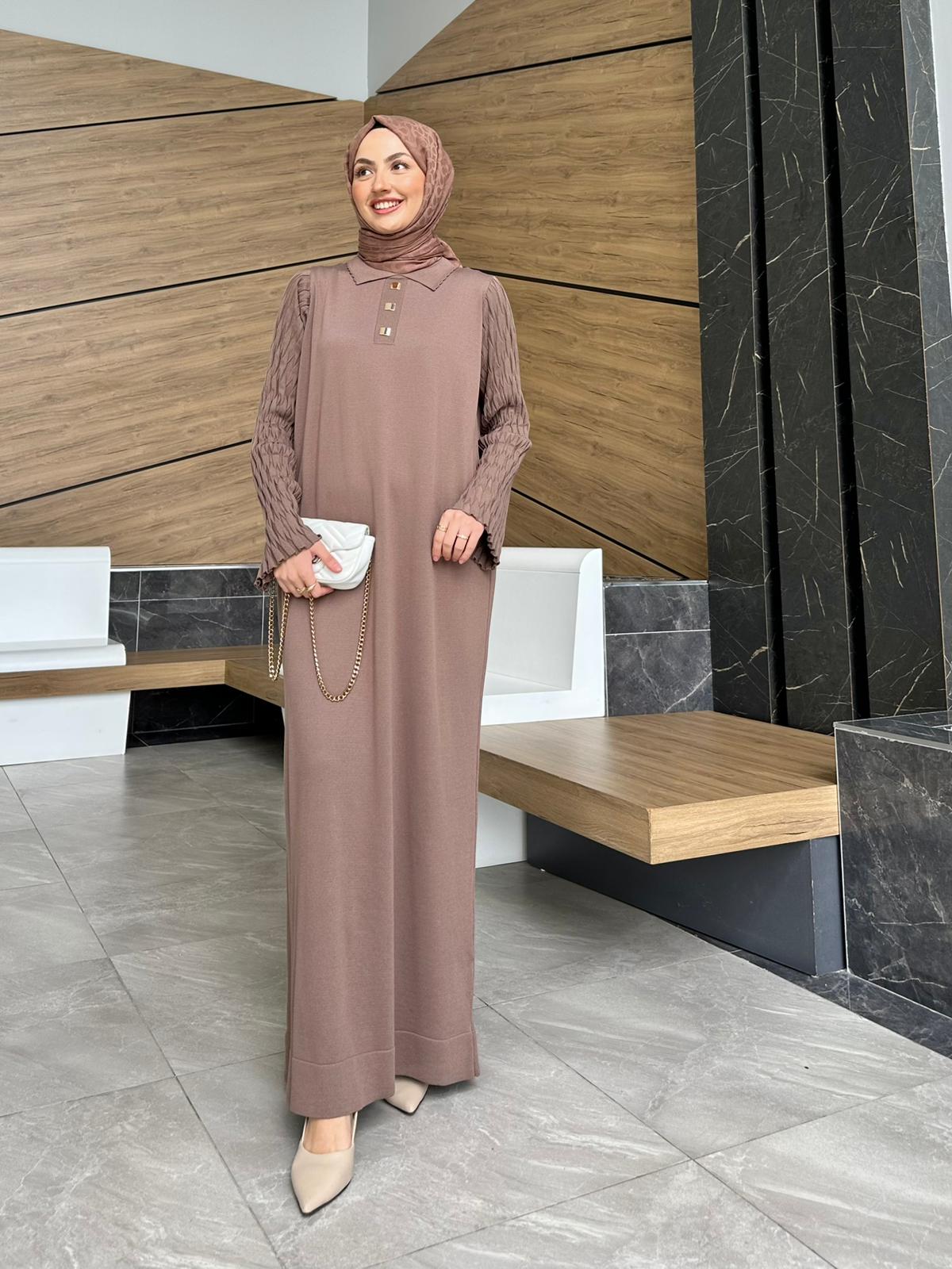 Kolu Örme Detay Efruz Merserize Elbise - Sütlü Kahve