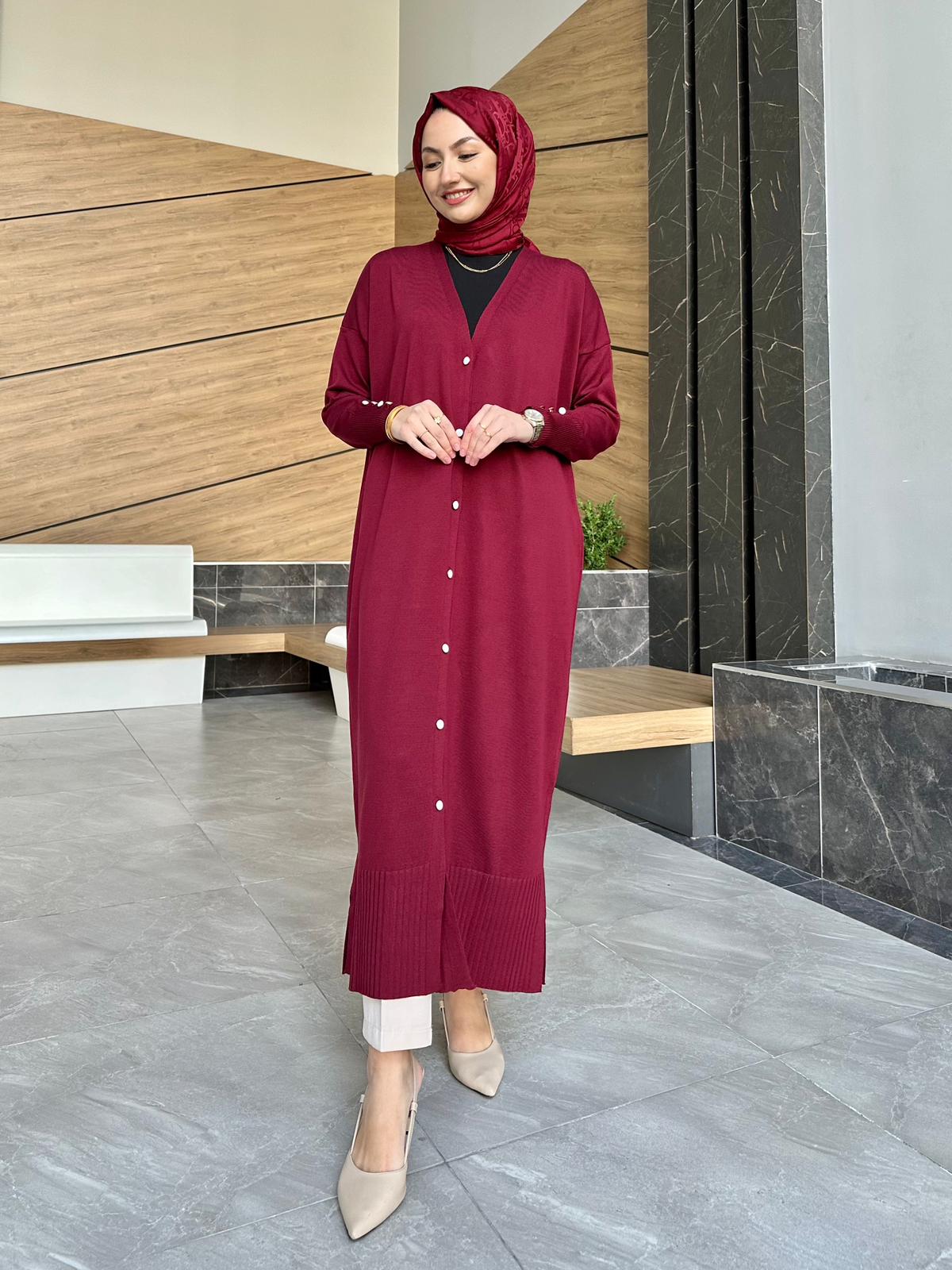Maxi Boy Düğmeli Merserize Hırka - Bordo