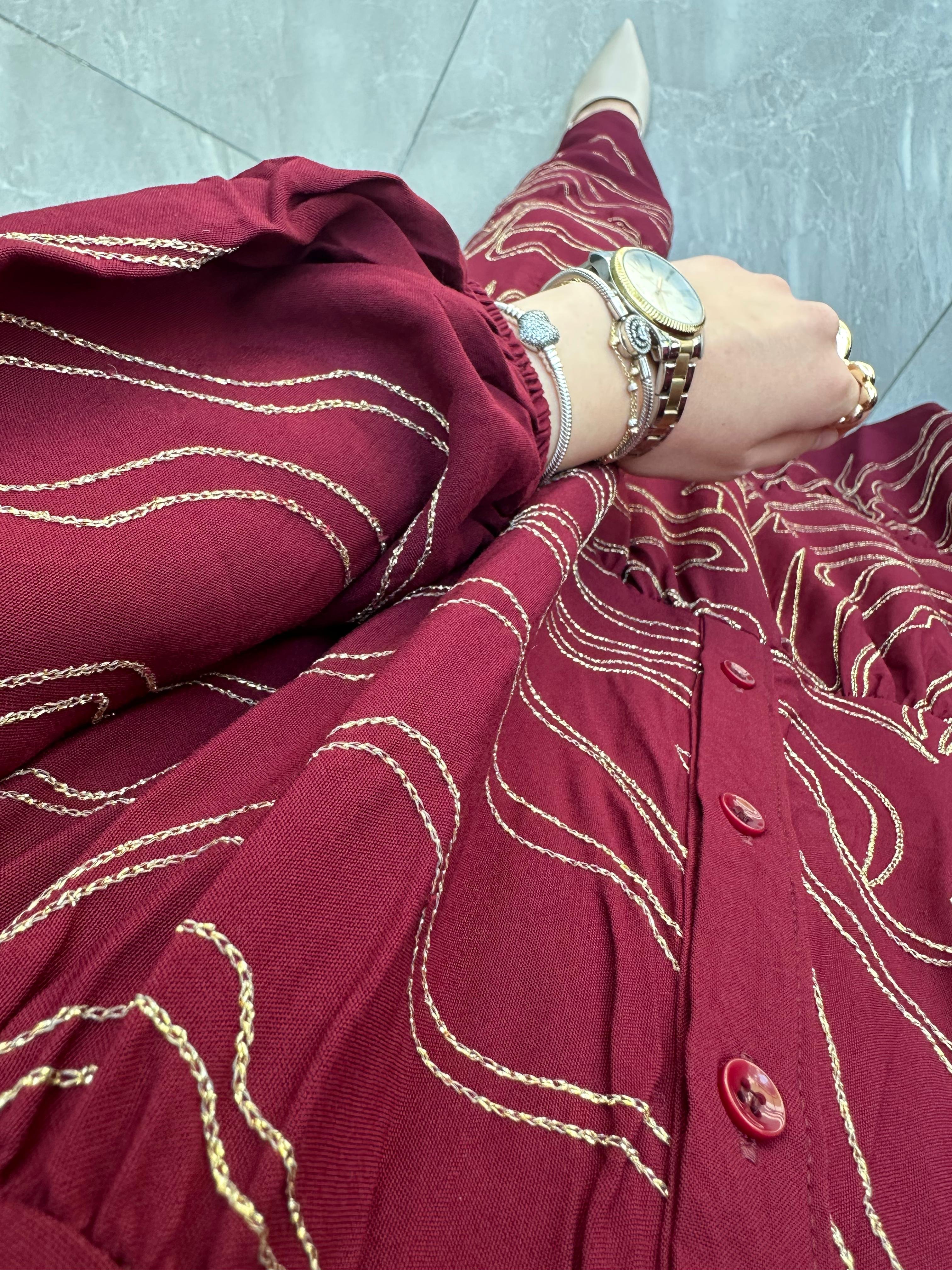 Emily Nakışlı Pamuk / Keten Elbise - Bordo