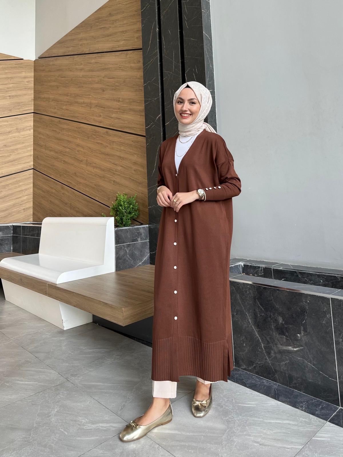 Maxi Boy Düğmeli Merserize Hırka - Acı kahve