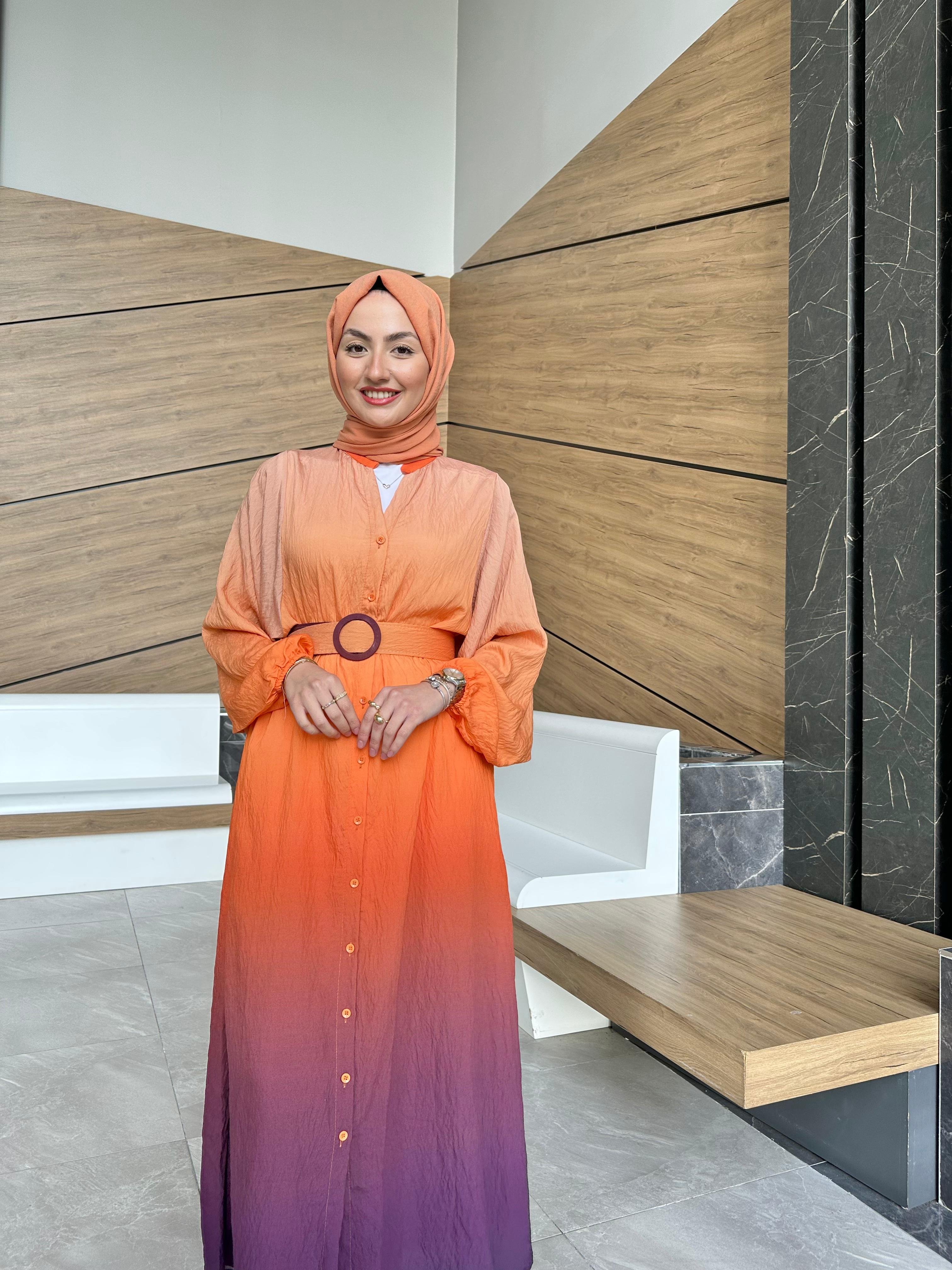 Kemerli Degrade Pamuk Elbise - Pembe