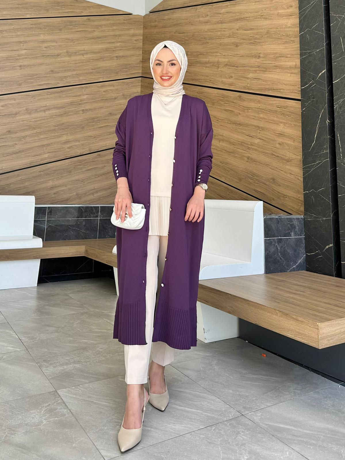 Maxi Boy Düğmeli Merserize Hırka - Mürdüm