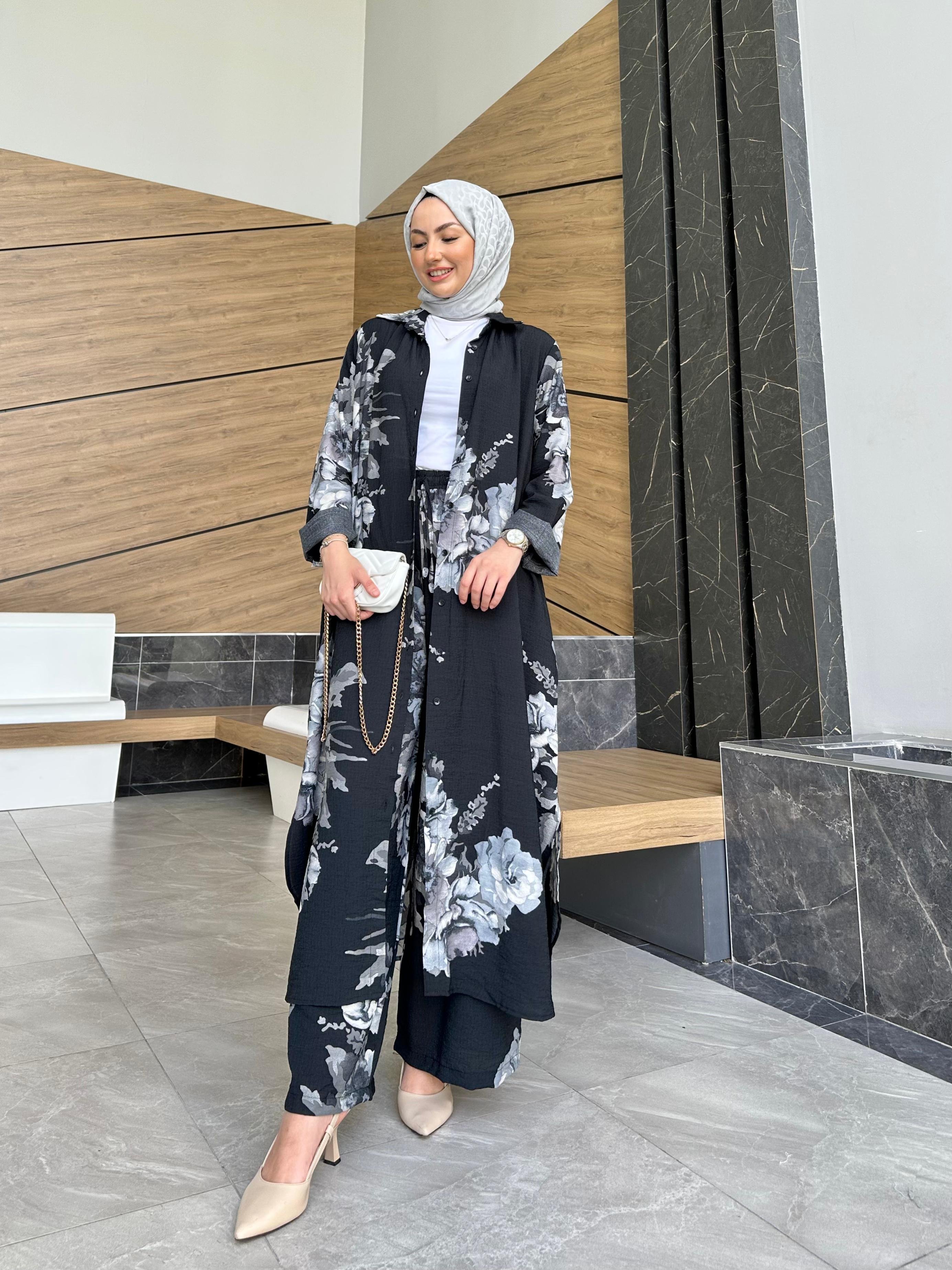 Keten Pantolonlu  Selvi Takım - Siyah