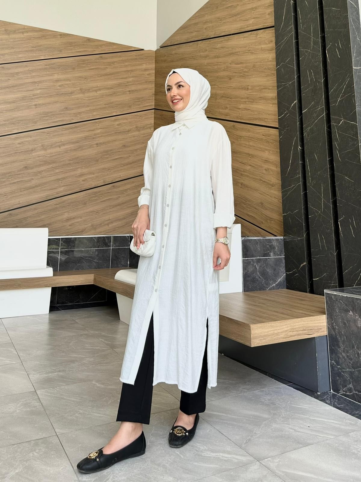 Pamuklu Uzun Gömlek / Tunik  - Beyaz