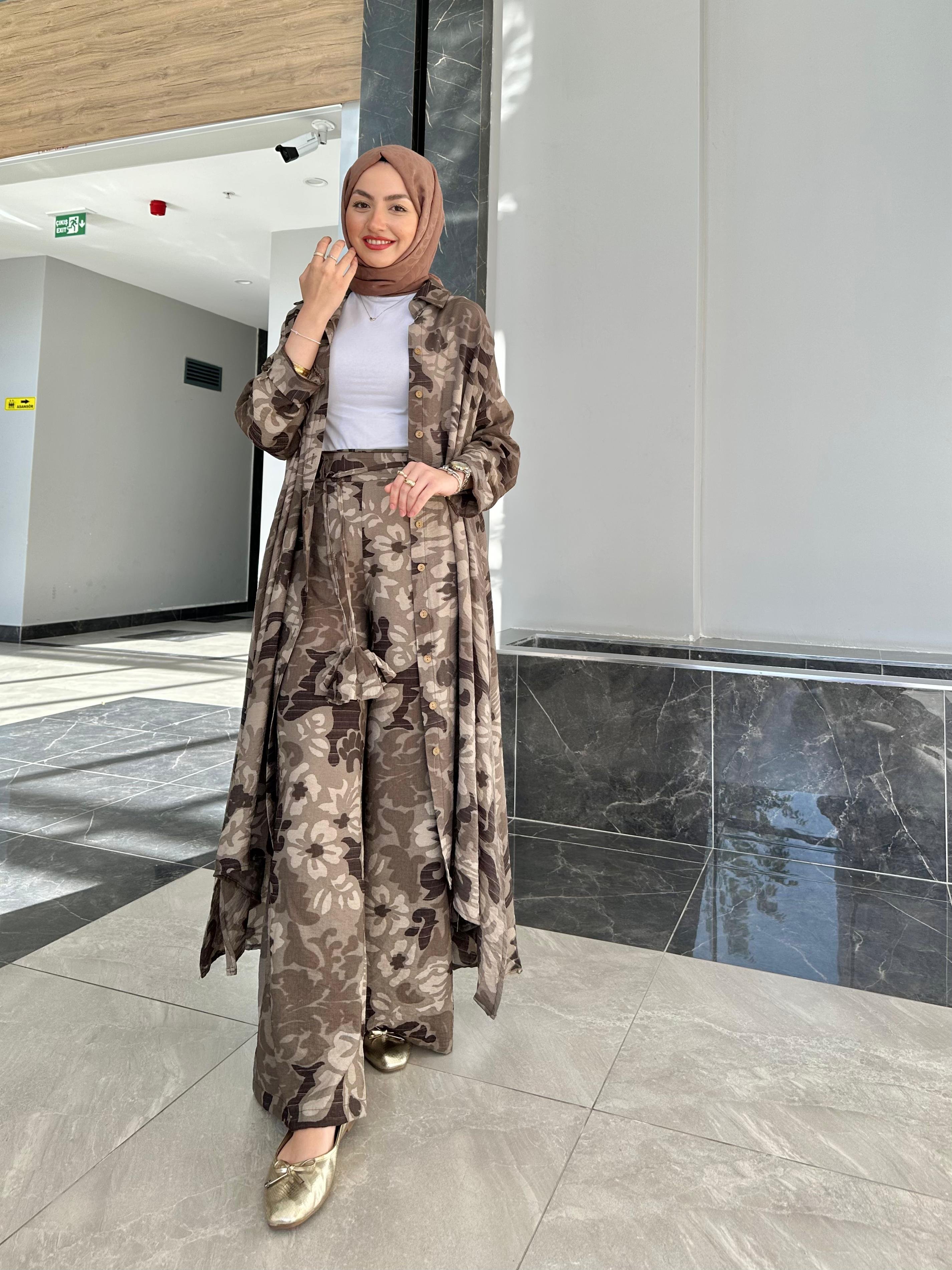 Yaprak Desen Oversize Pantolonlu Takım - Kahverengi