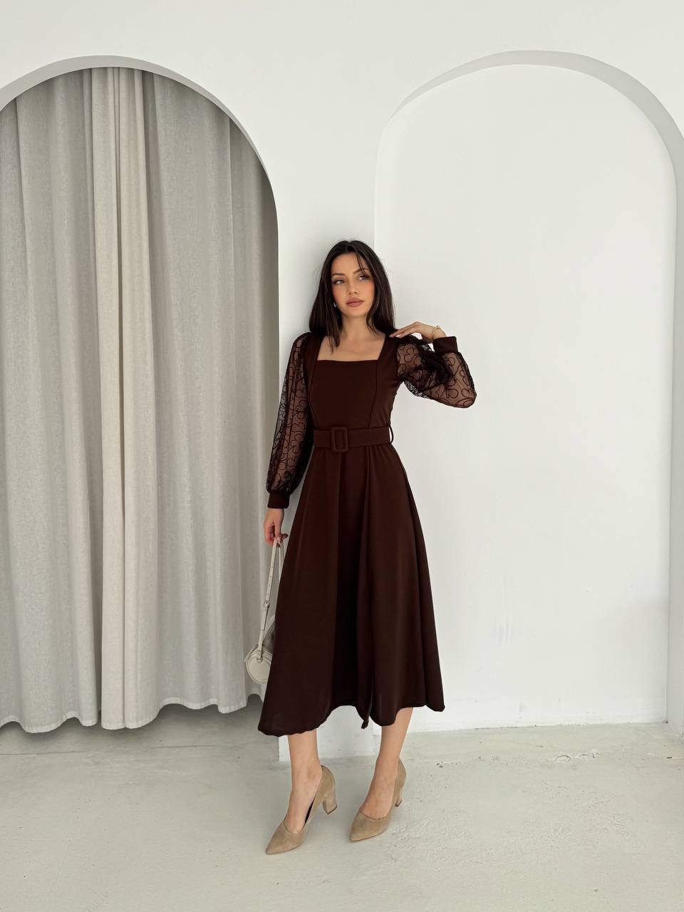 KARE YAKA FLOK KOL ELBİSE