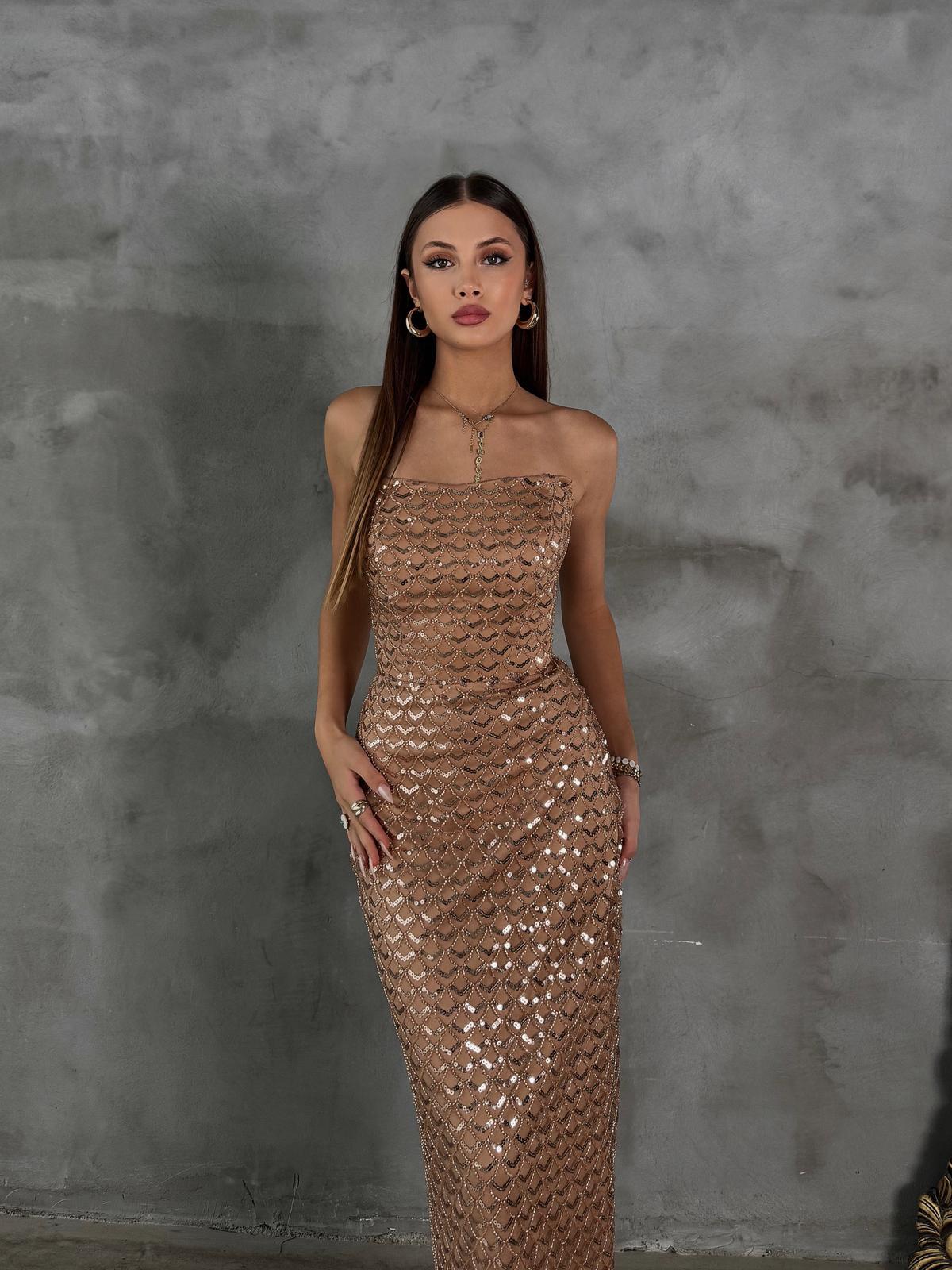 Straplez Taş Detay KAHVE Abiye