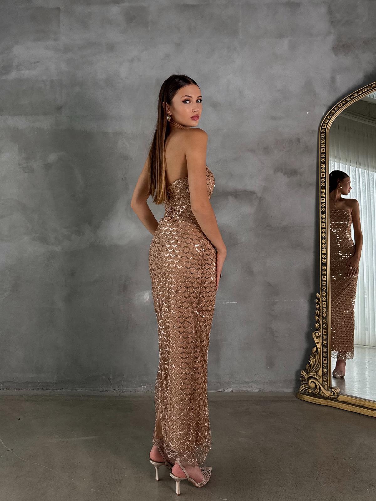 Straplez Taş Detay KAHVE Abiye