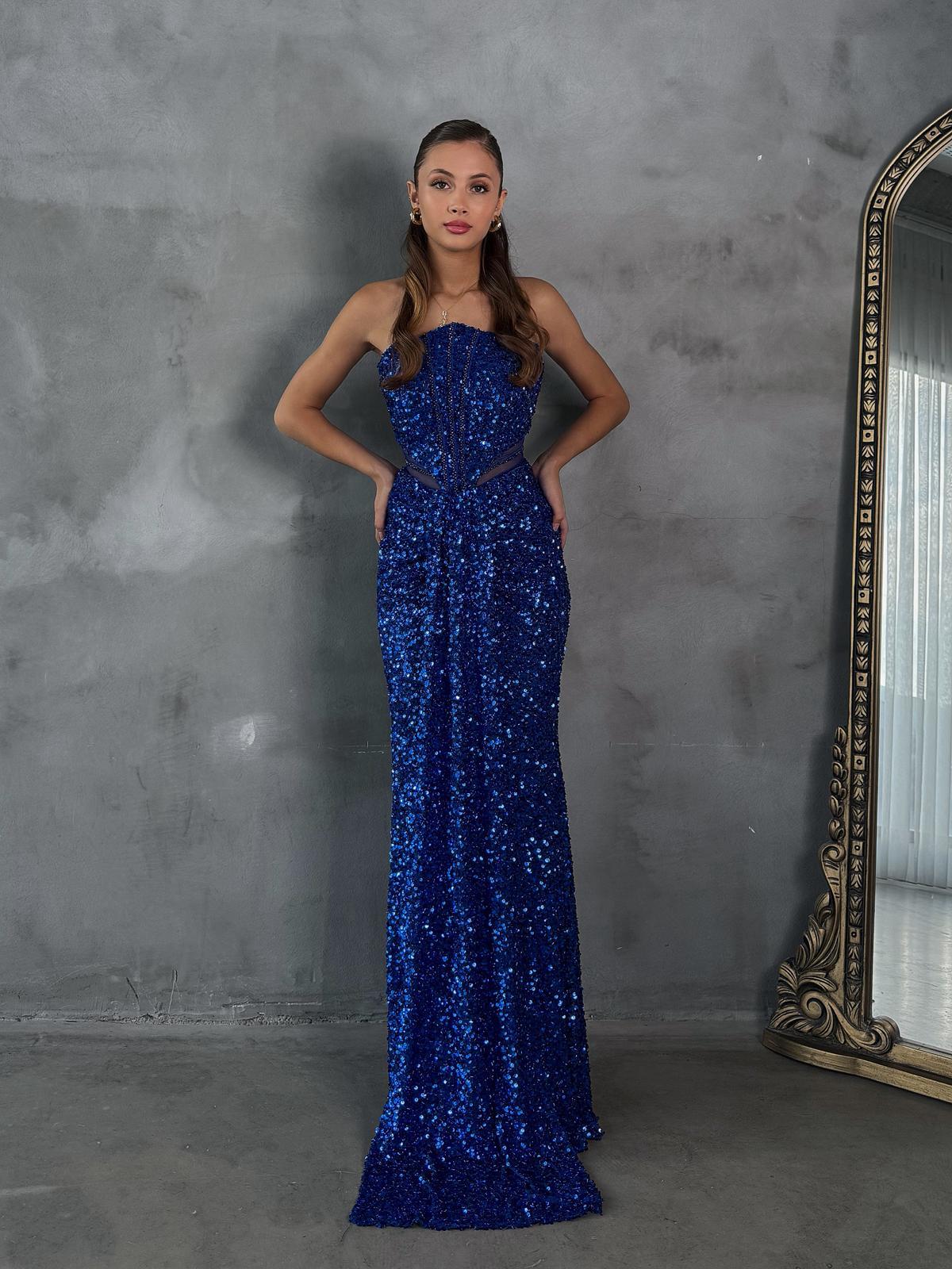 STRAPLEZ PUL PAYET YIRTMAÇLI ELBİSE SAKS MAVİSİ