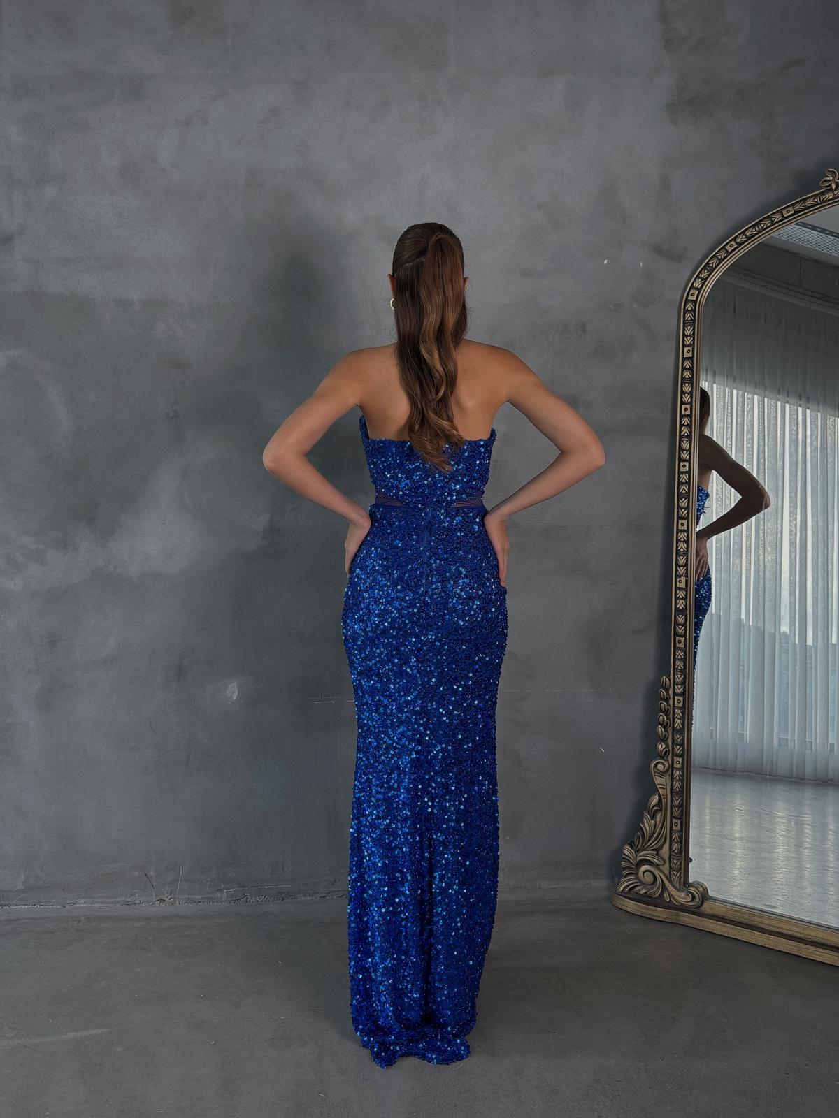 STRAPLEZ PUL PAYET YIRTMAÇLI ELBİSE SAKS MAVİSİ