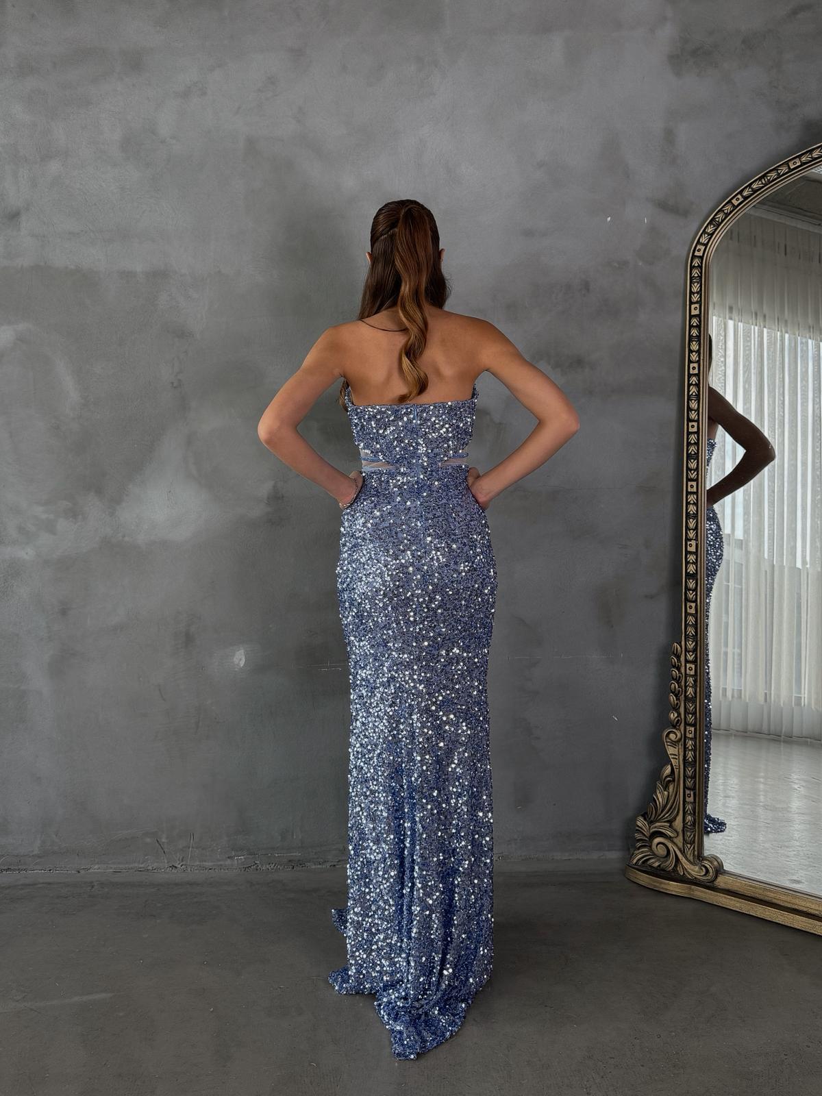 STRAPLEZ PUL PAYET YIRTMAÇLI ELBİSE MAVİ