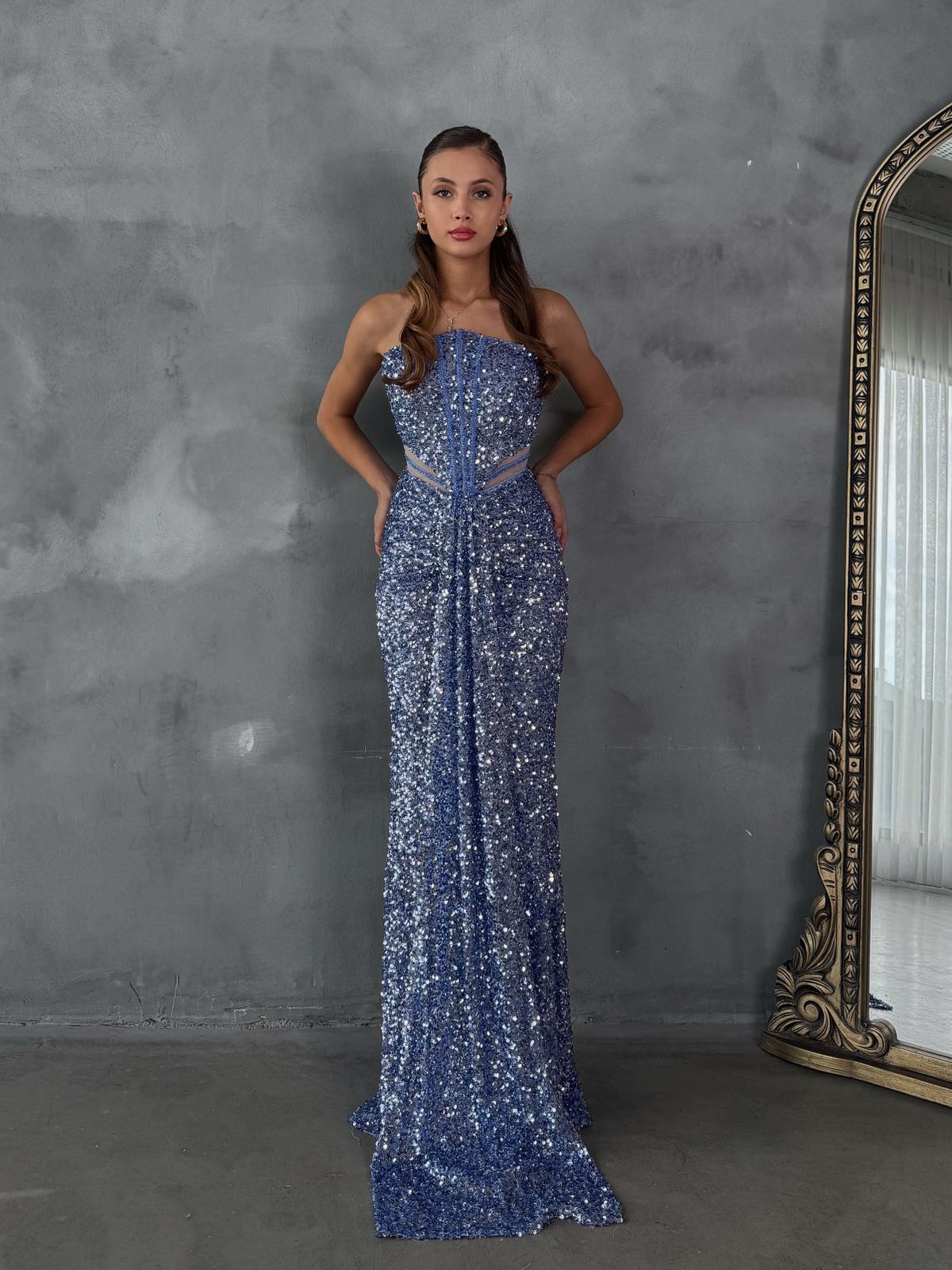 STRAPLEZ PUL PAYET YIRTMAÇLI ELBİSE MAVİ