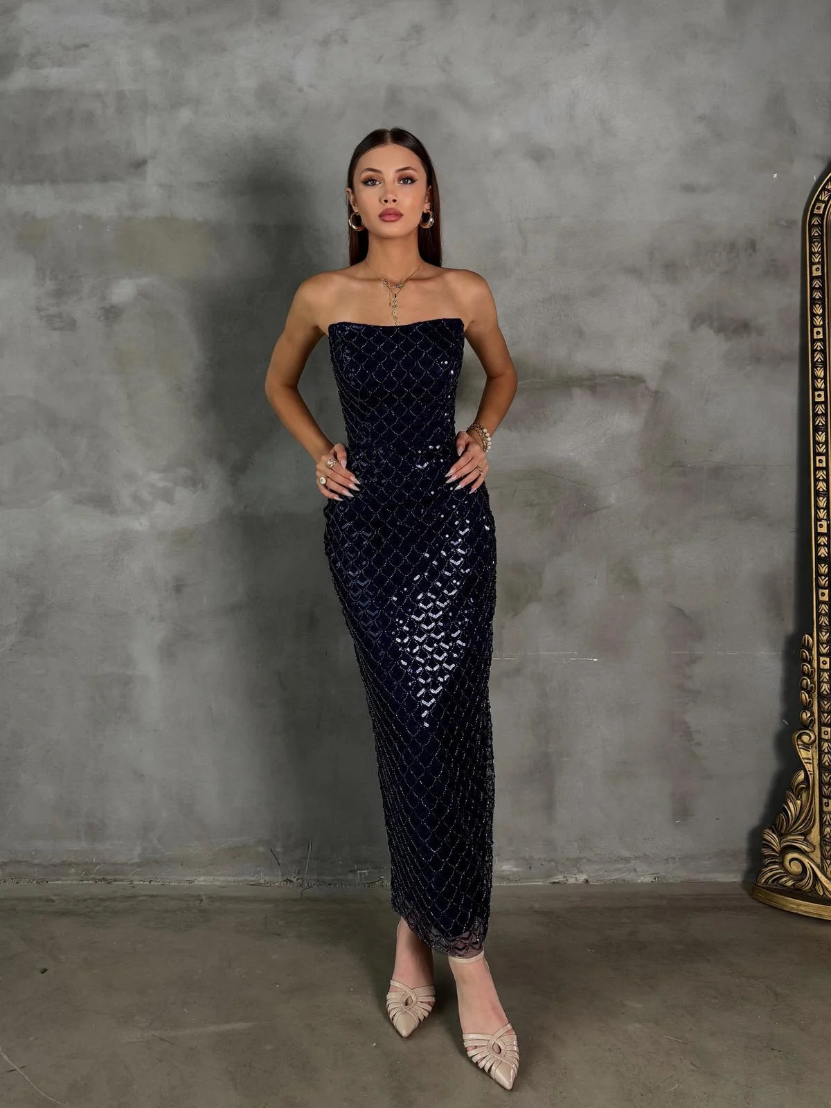 Straplez Taş Detay Lacivert Abiye