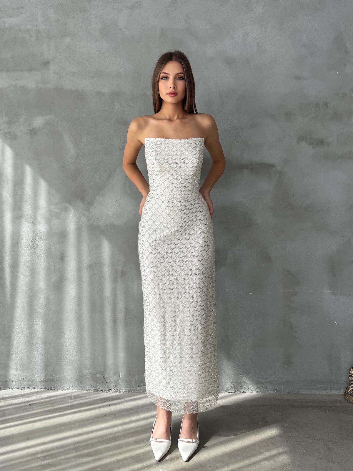 Straplez Taş Detay BEYAZ Abiye