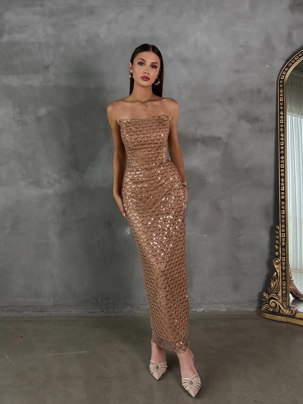 Straplez Taş Detay KAHVE Abiye