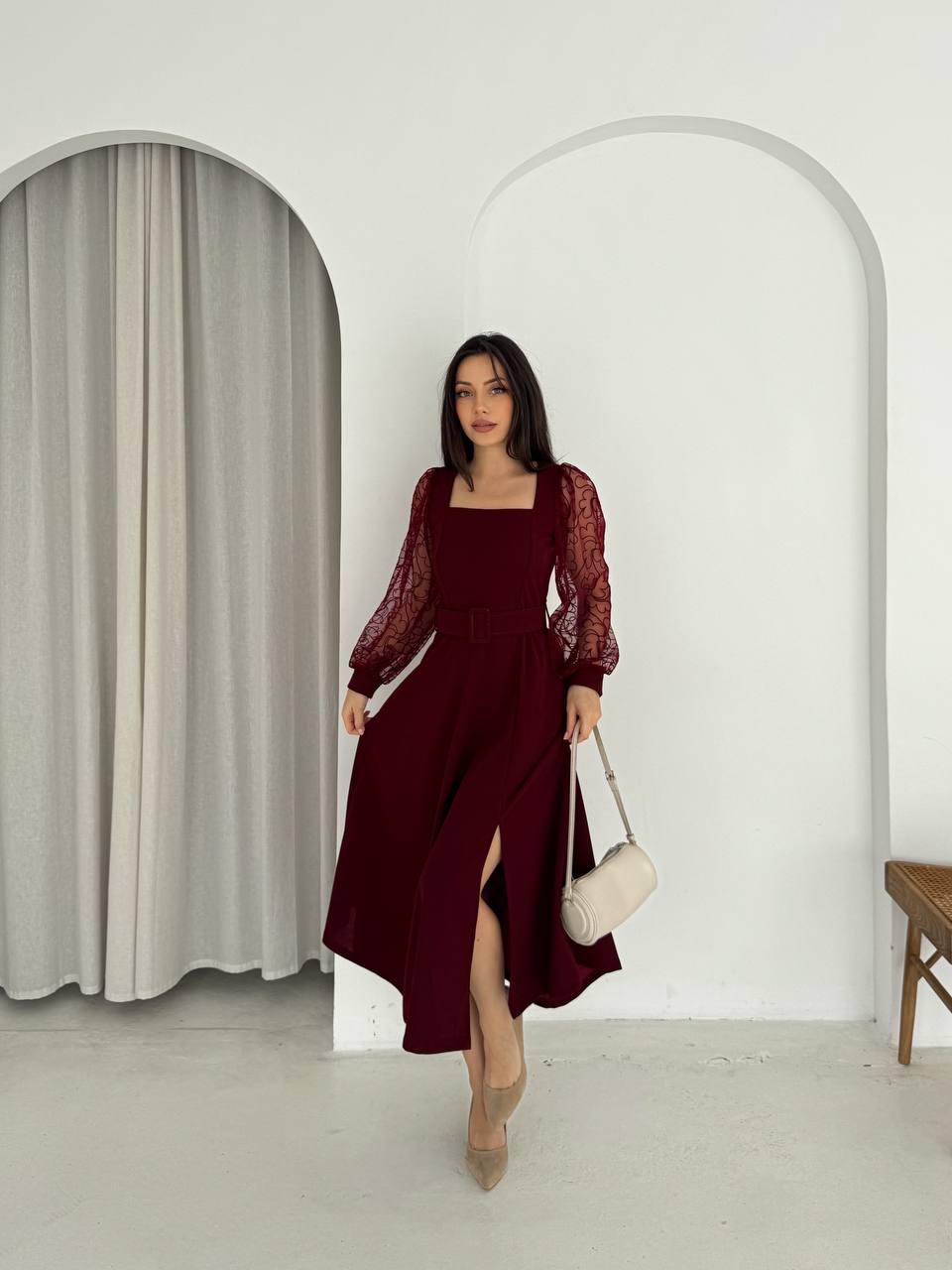 KARE YAKA FLOK KOL ELBİSE