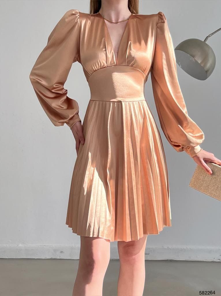 SATEN KUMAŞ PİLSELİ ELBİSE