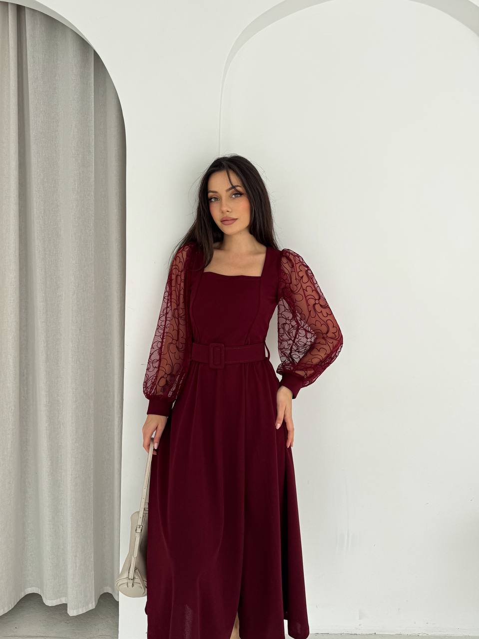 KARE YAKA FLOK KOL ELBİSE