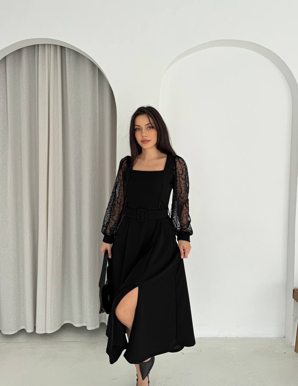 KARE YAKA FLOK KOL ELBİSE