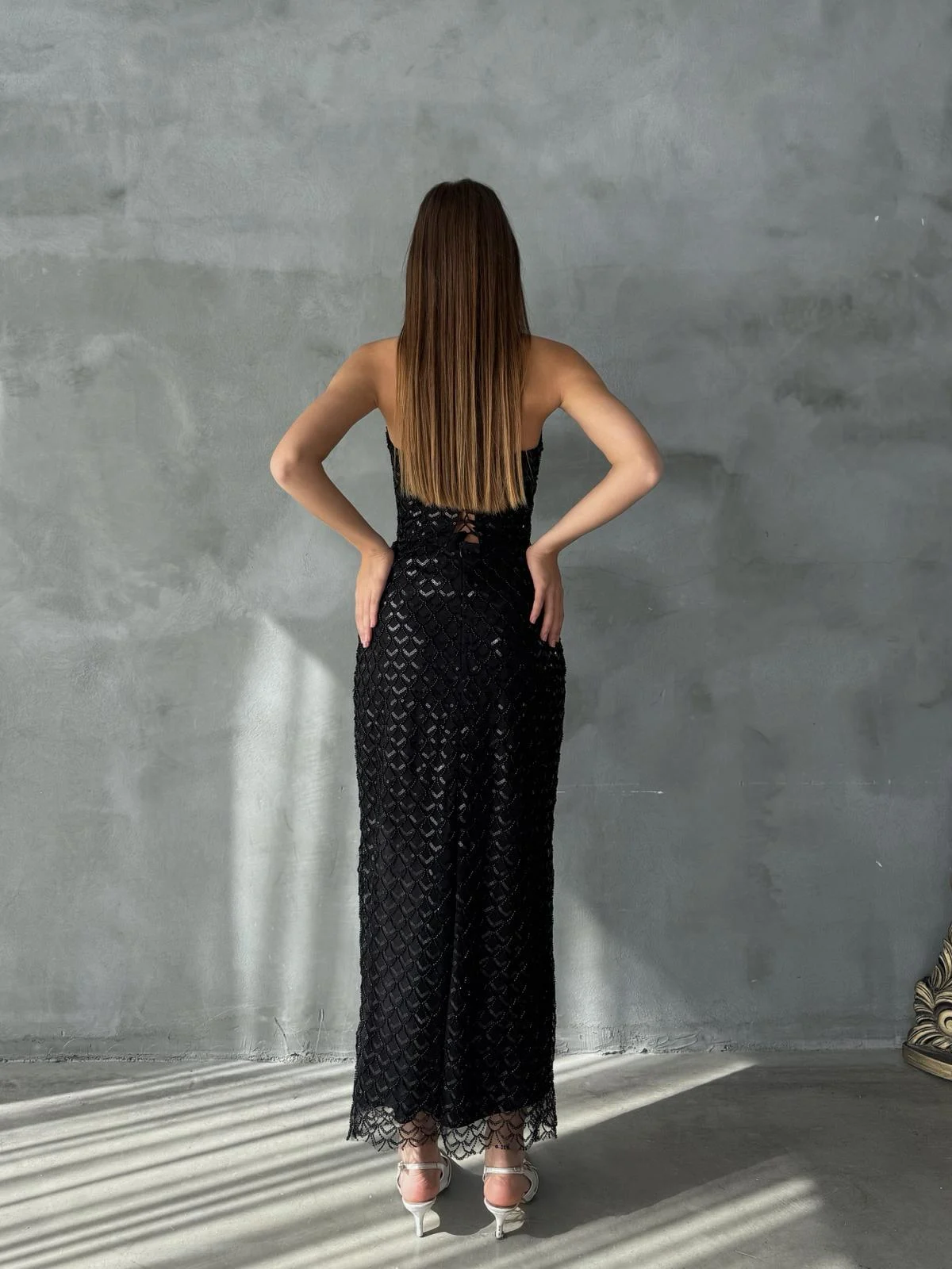 Straplez Taş Detay SİYAH Abiye