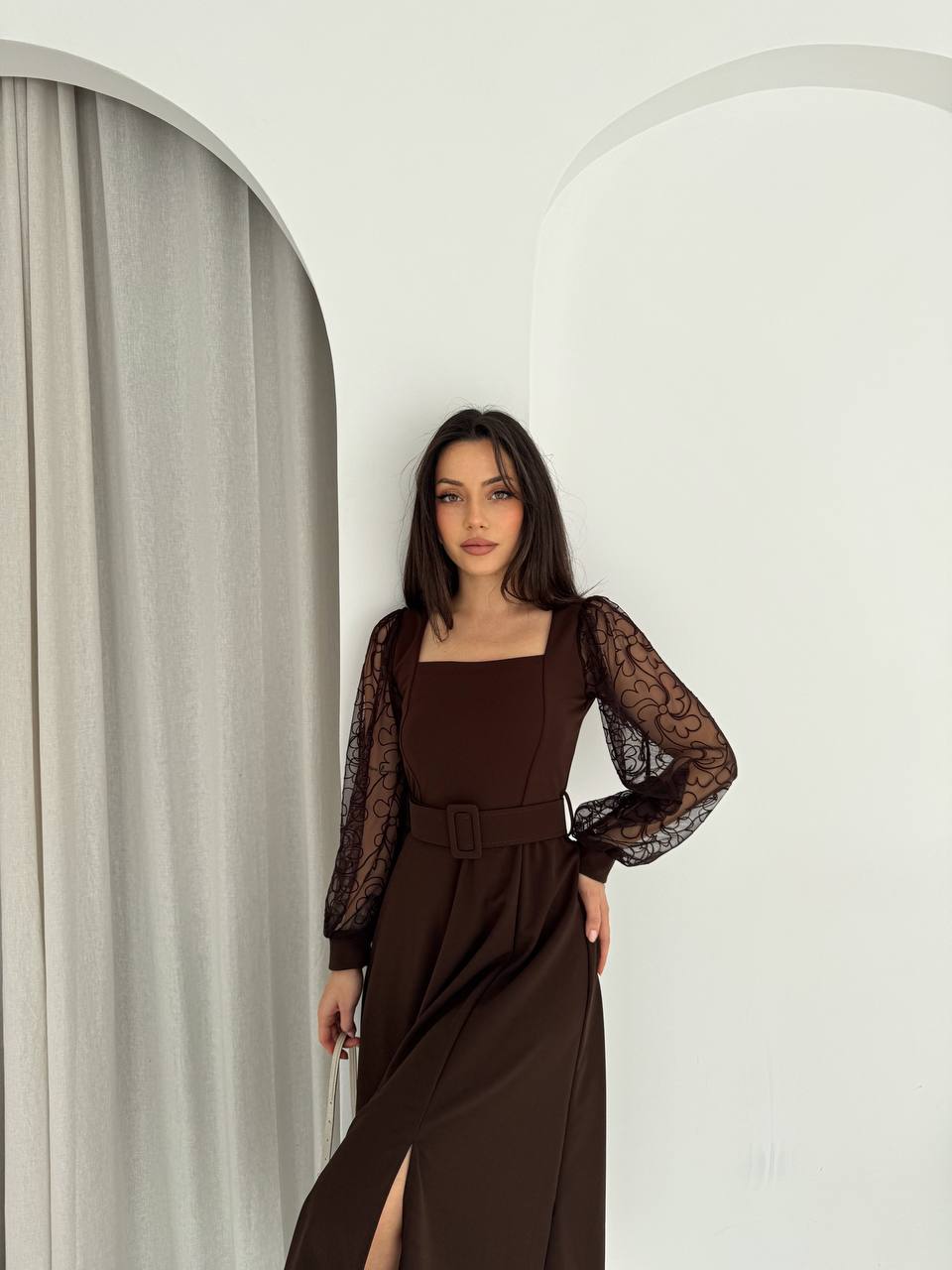 KARE YAKA FLOK KOL ELBİSE