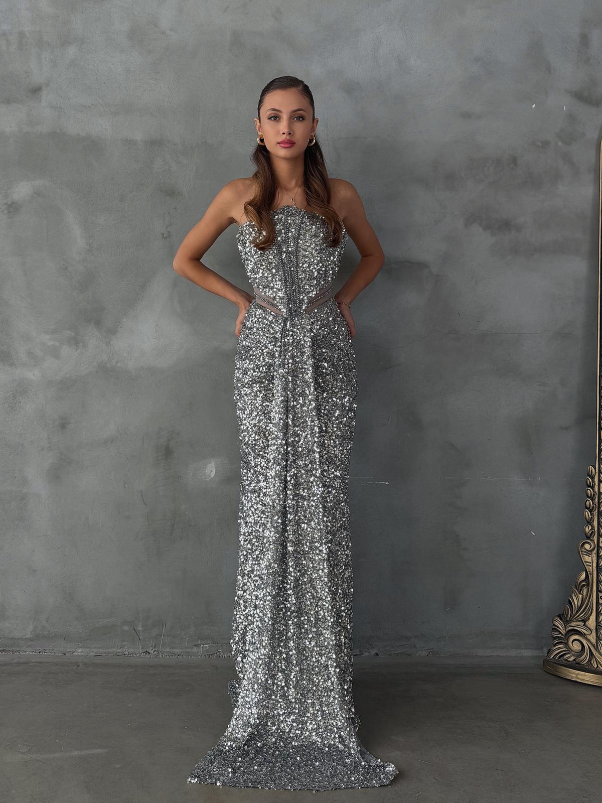 STRAPLEZ PUL PAYET YIRTMAÇLI ELBİSE GRİ - XL