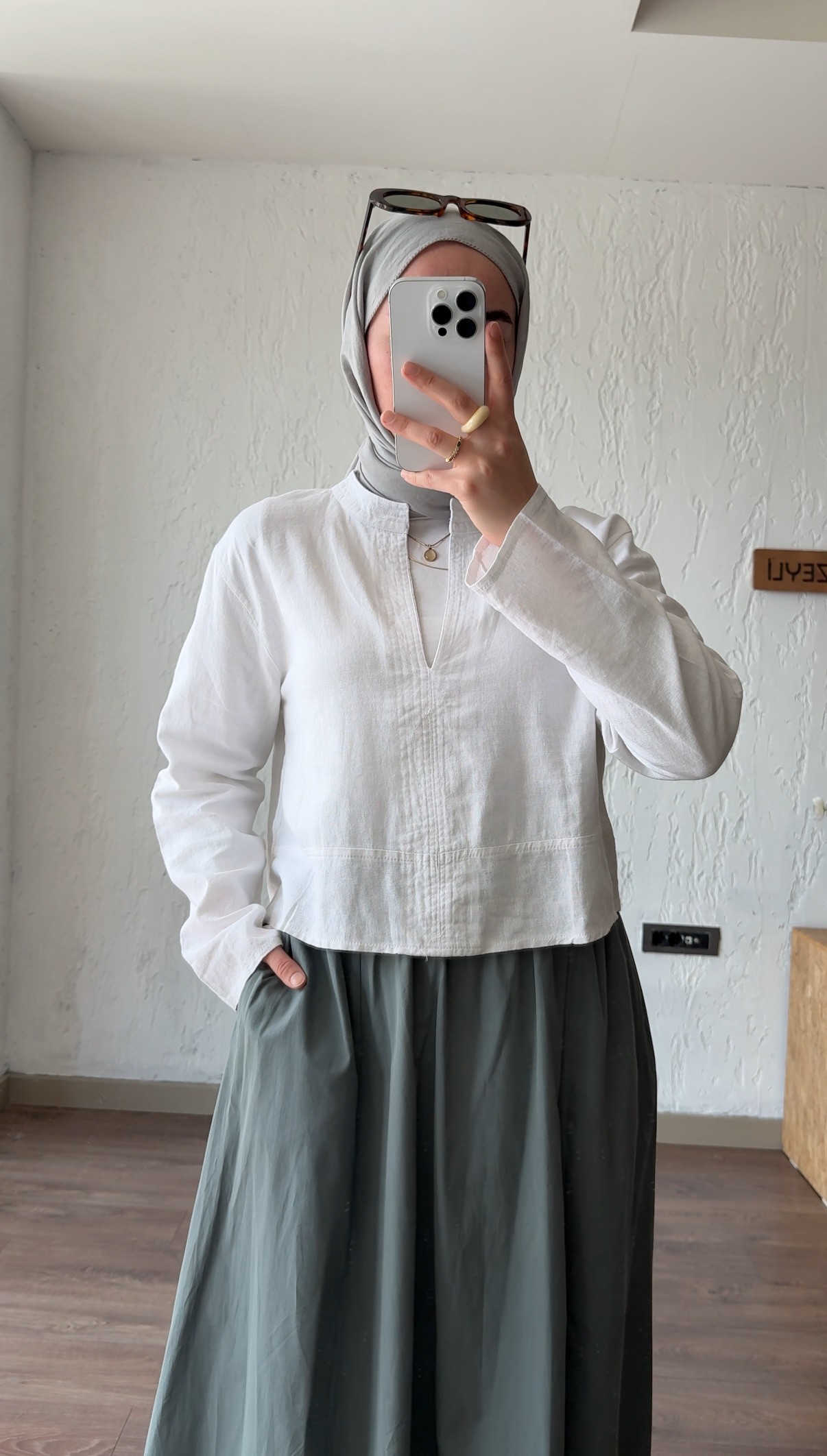 Crop Keten Bluz - Beyaz