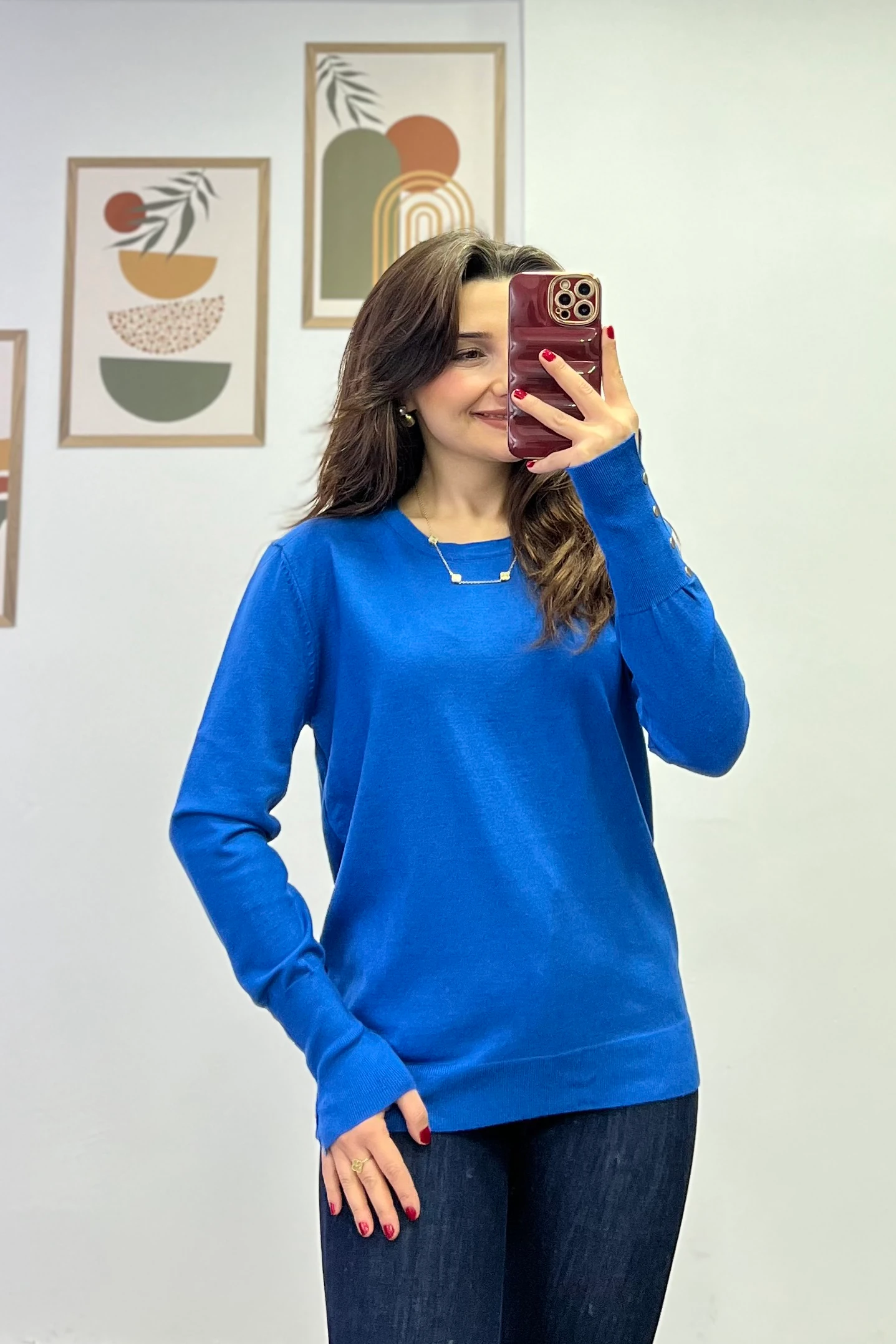 Kol Manşeti Gold Düğme Ve Yırtmaç Detaylı Triko - SAKS MAVİSİ