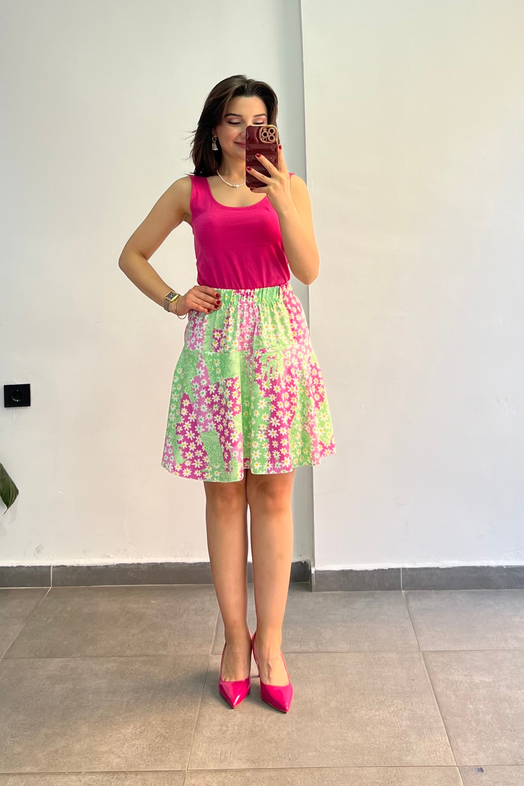Desenli Viscon Kumaş İçi Şortlu Etek - PEMBE YEŞİL ÇİÇEKLİ
