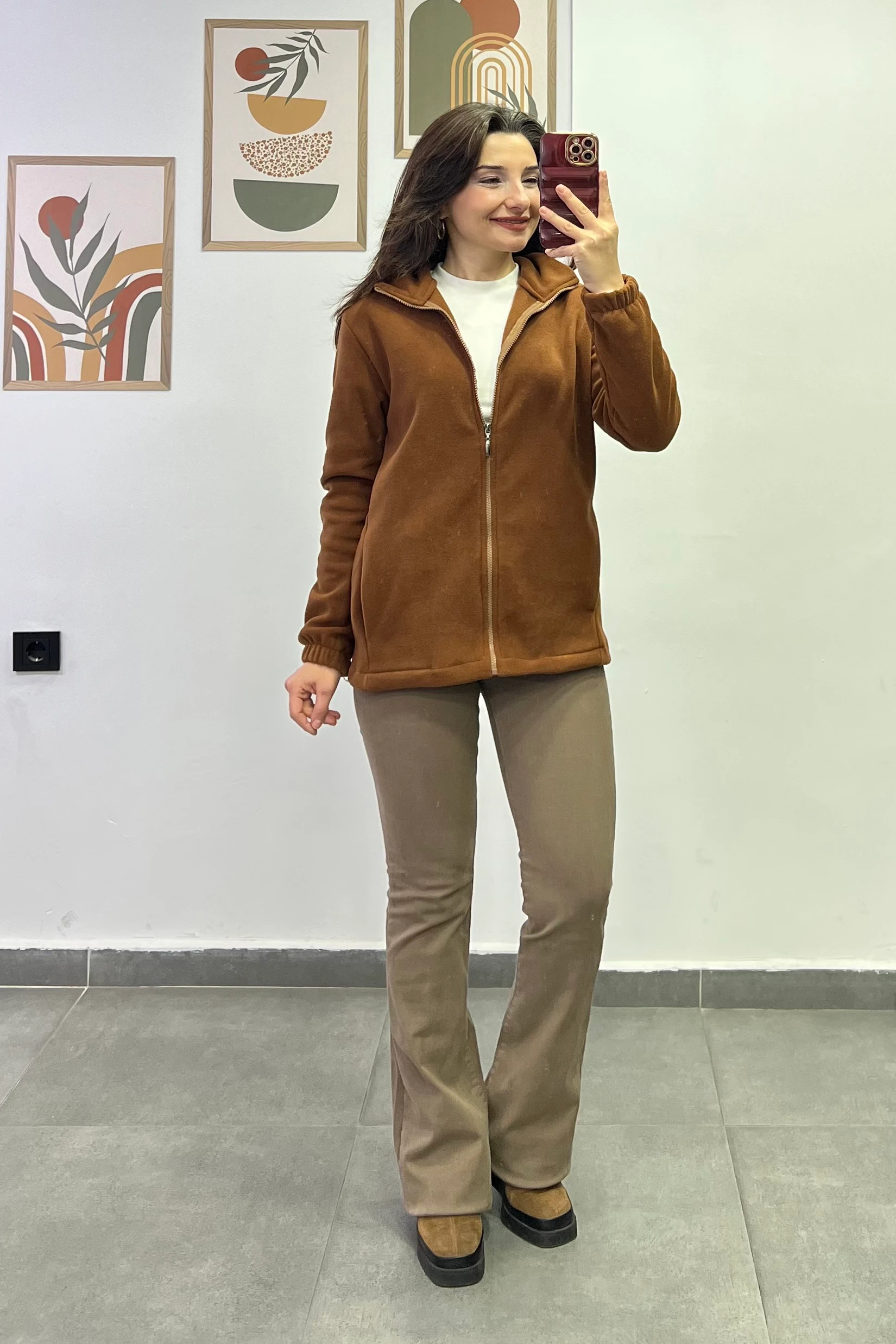 Kol Manşetleri Lastikli Fermuar Detaylı Cepli Polar Ceket - TABA