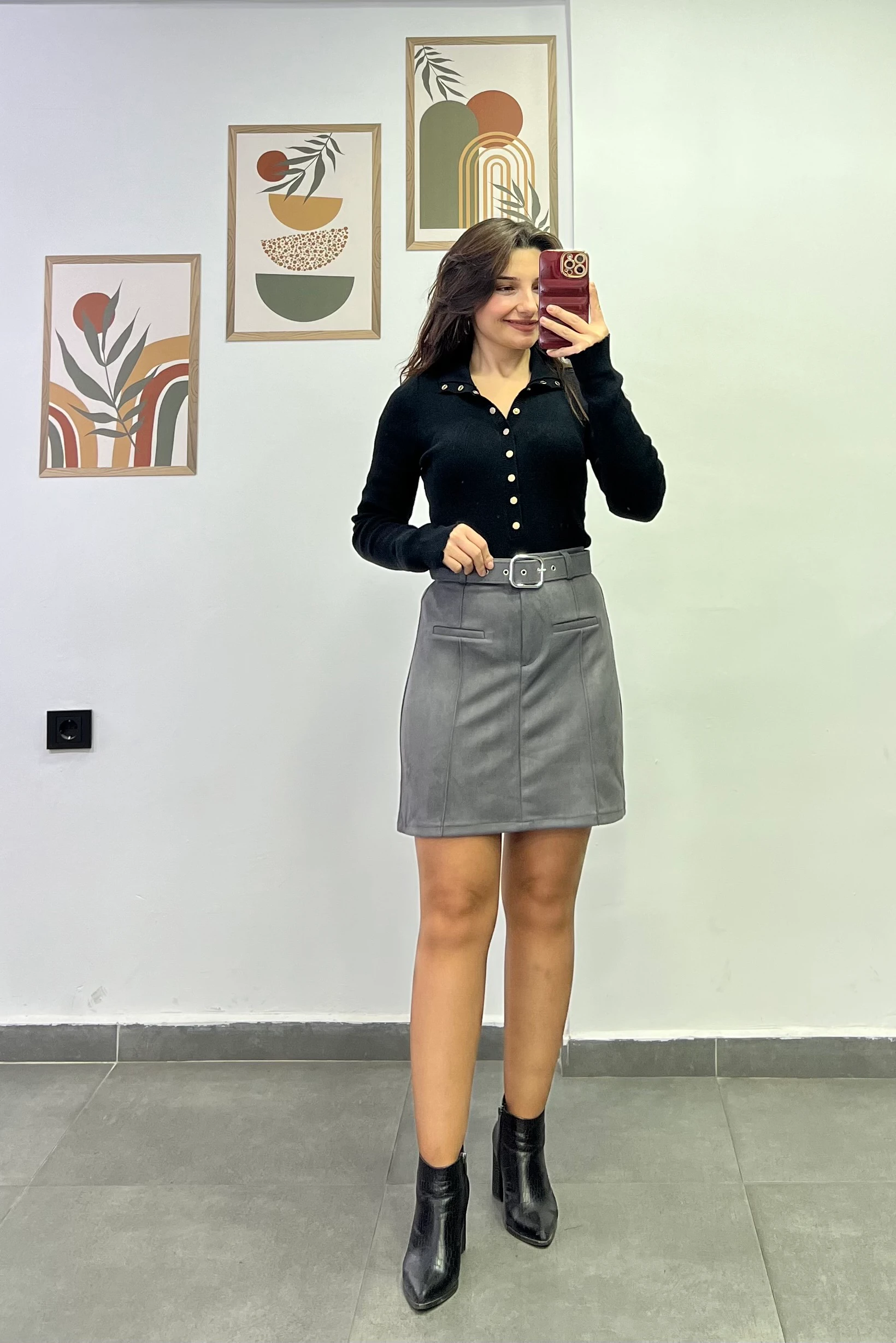 Ön Kısmı Çima Dikişli Cep Görünümlü Kemerli Nubuk Etek - ANTRASIT