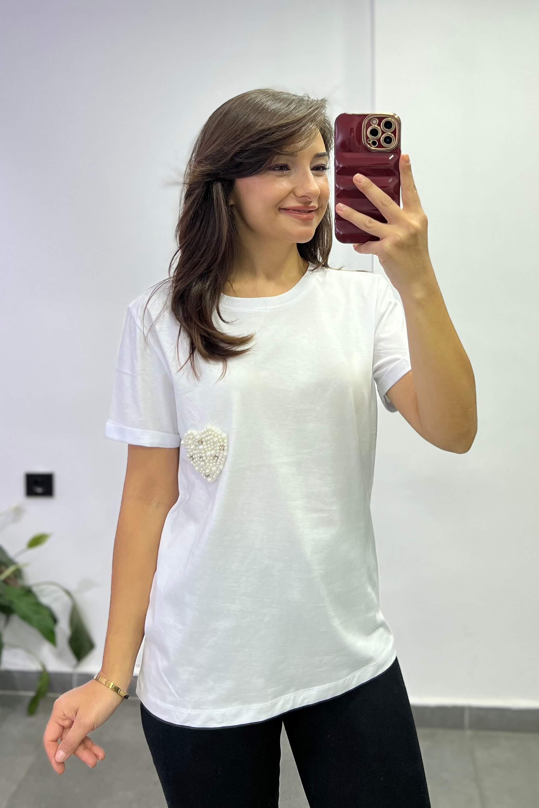 İnci Detaylı Pamuklu Tshırt - BEYAZ