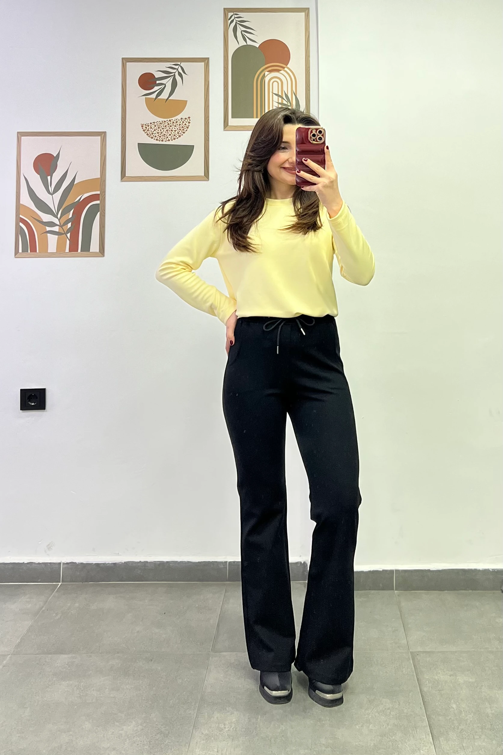 Beli Lastikli Cep Detaylı İspanyol Paça Çelik Örme Pantolon - Siyah