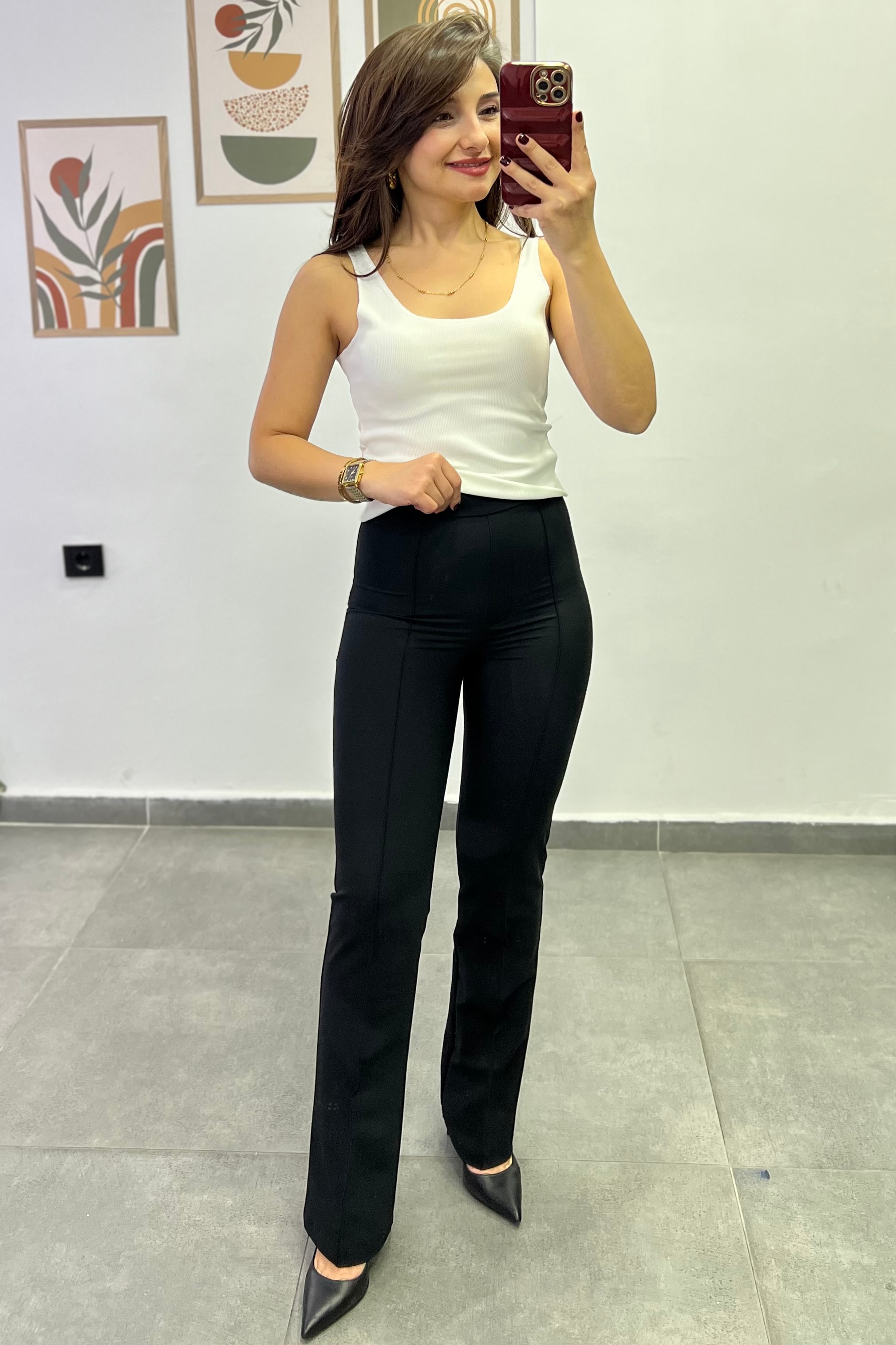 Yandan Fermuar Detaylı Önü Çima Dikişli Hafif İspanyol Paça Toparlayıcı Scuba Kumaş Pantolon - SİYAH