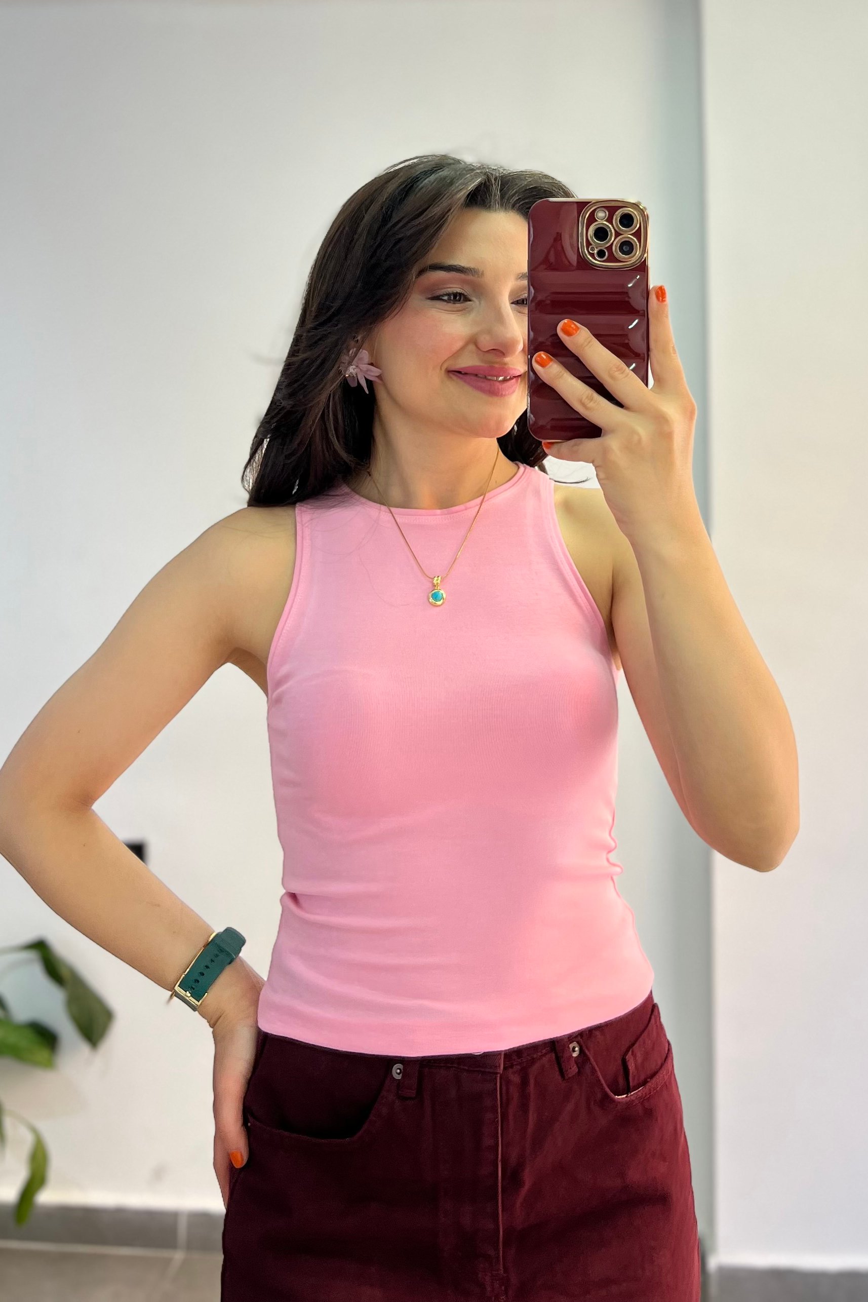 Bisiklet Yaka Halter Kol Modal Atlet - PEMBE