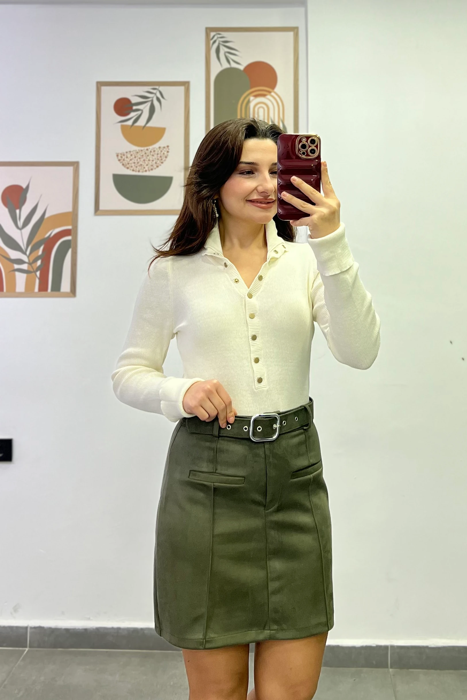 Ön Kısmı Çima Dikişli Cep Görünümlü Kemerli Nubuk Etek - Haki