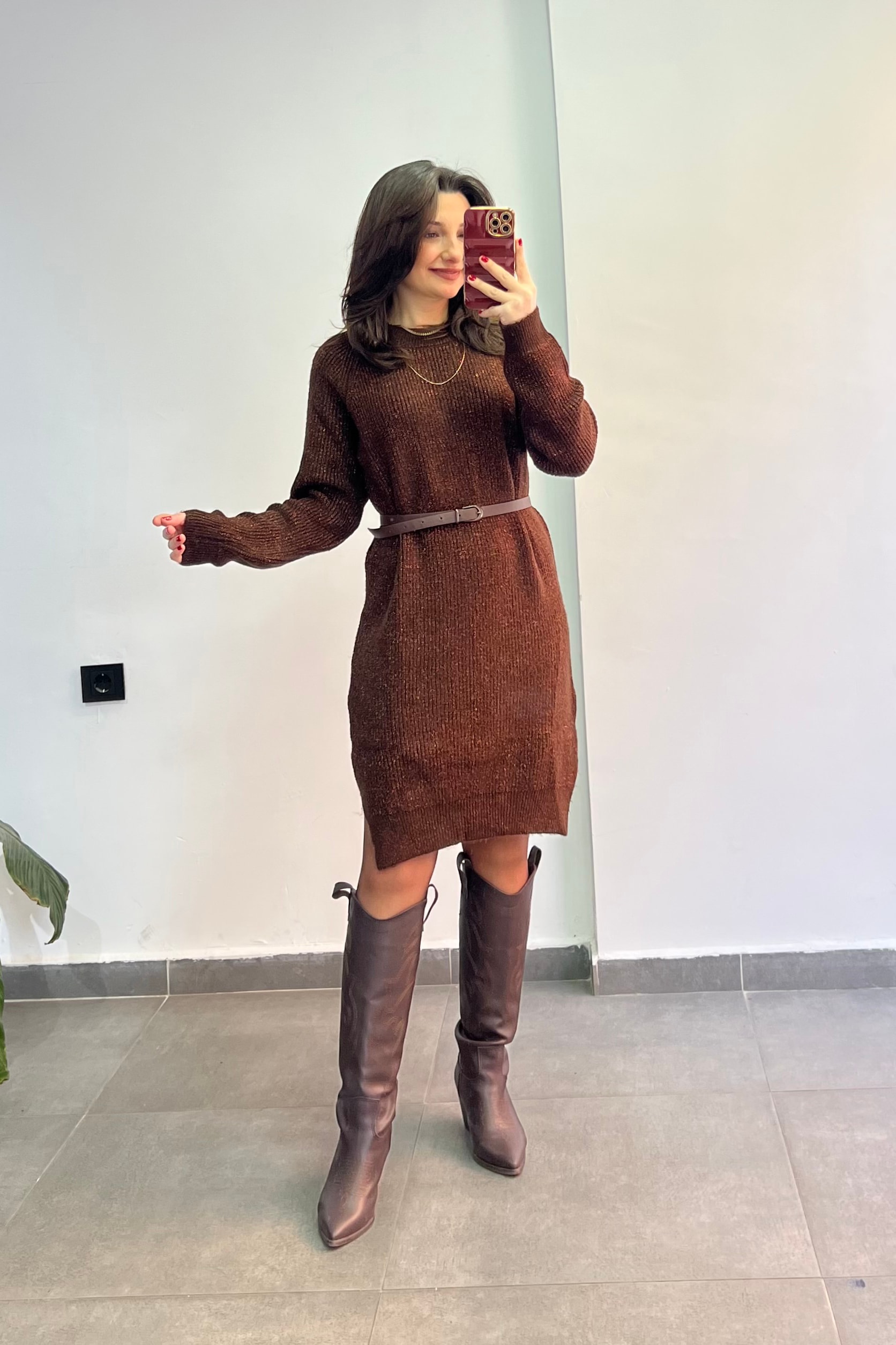 Bisiklet Yaka Simli Örme Elbise