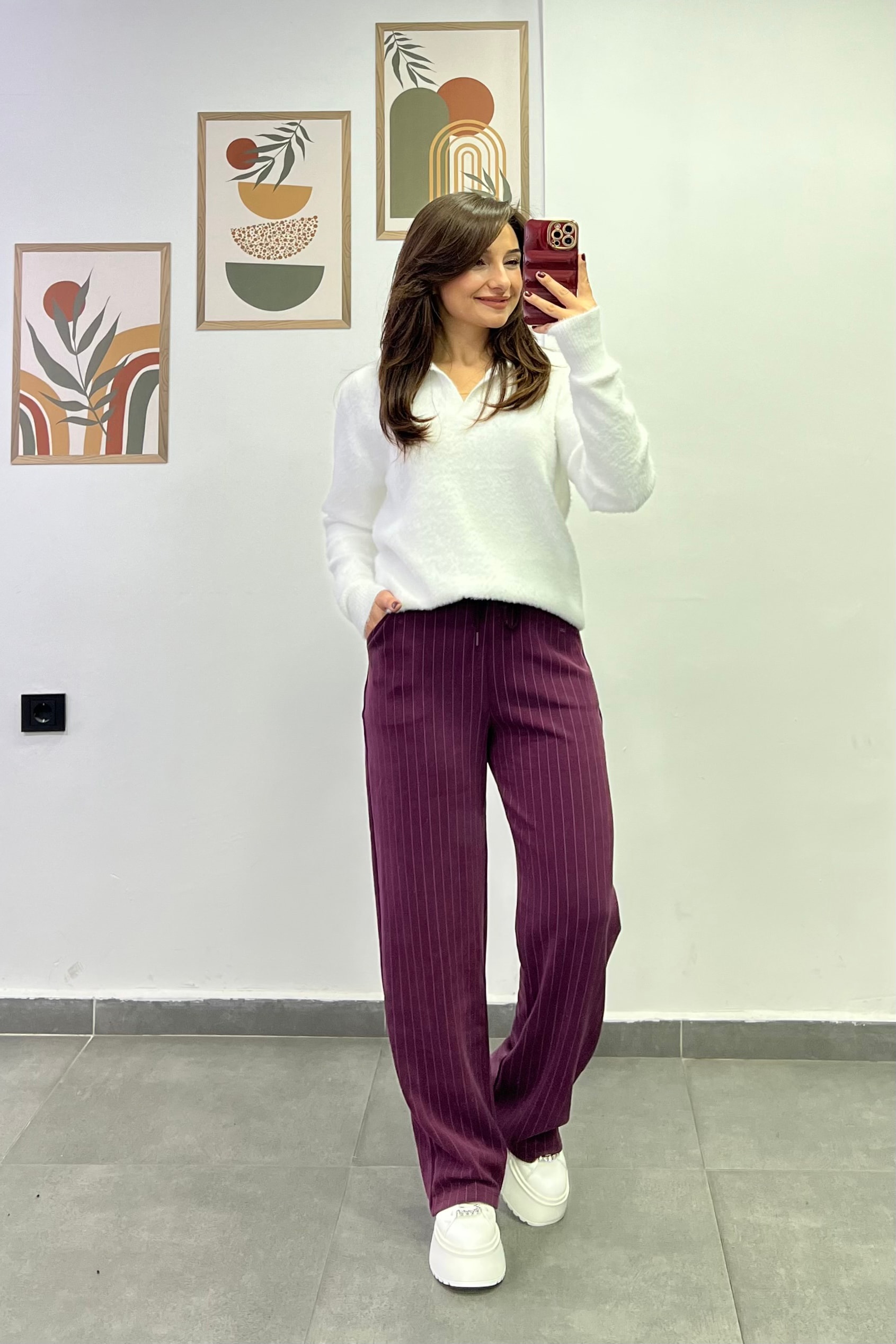 Beli Lastikli Cep Detaylı Çizgili Modal Kumaş Pantolon - BORDO