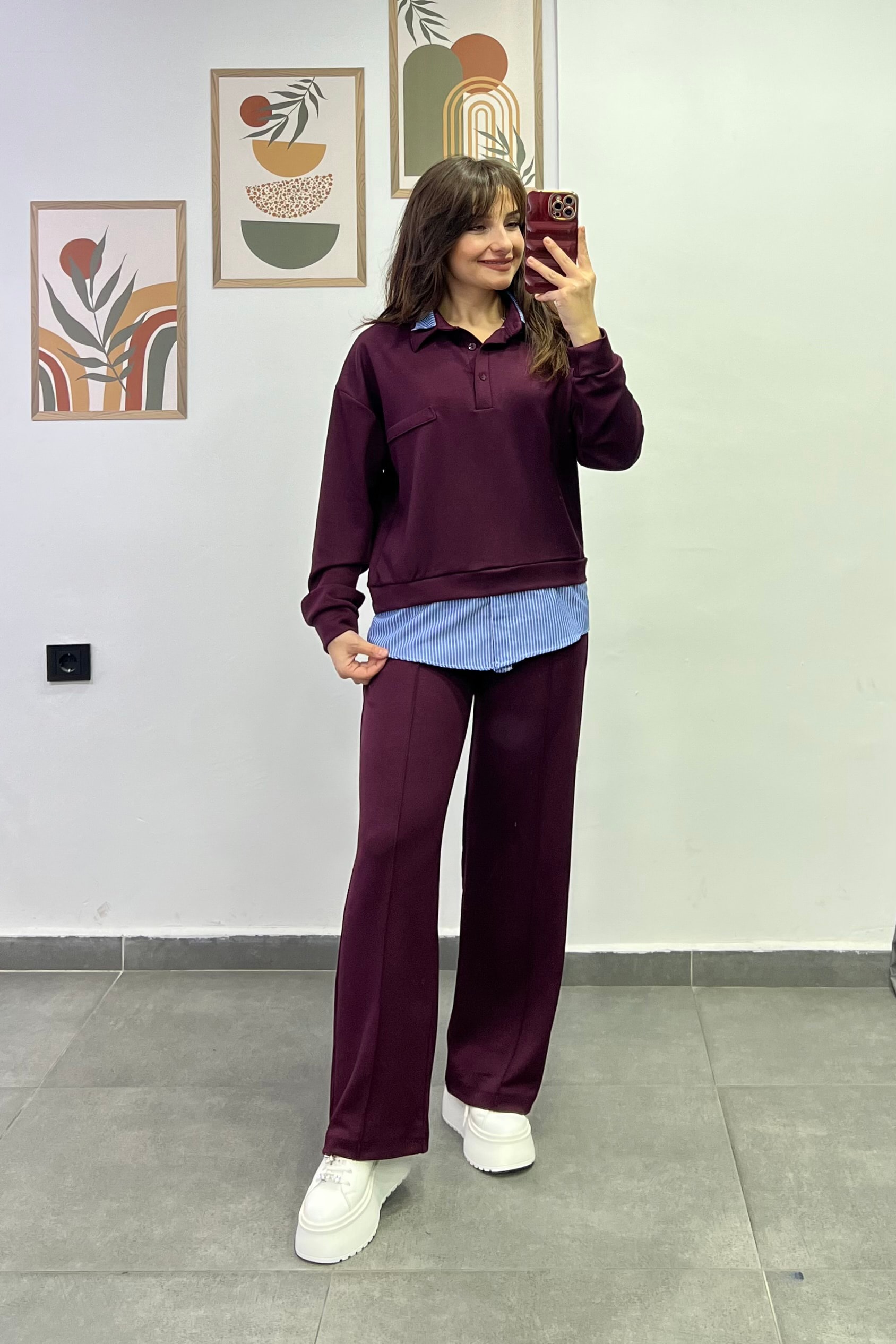 Polo Yaka Yakası Ve Bel Kısmı Gömlek Detaylı Pantolonu Cepli Ve Çima Dikişli Eşofman Takımı - BORDO