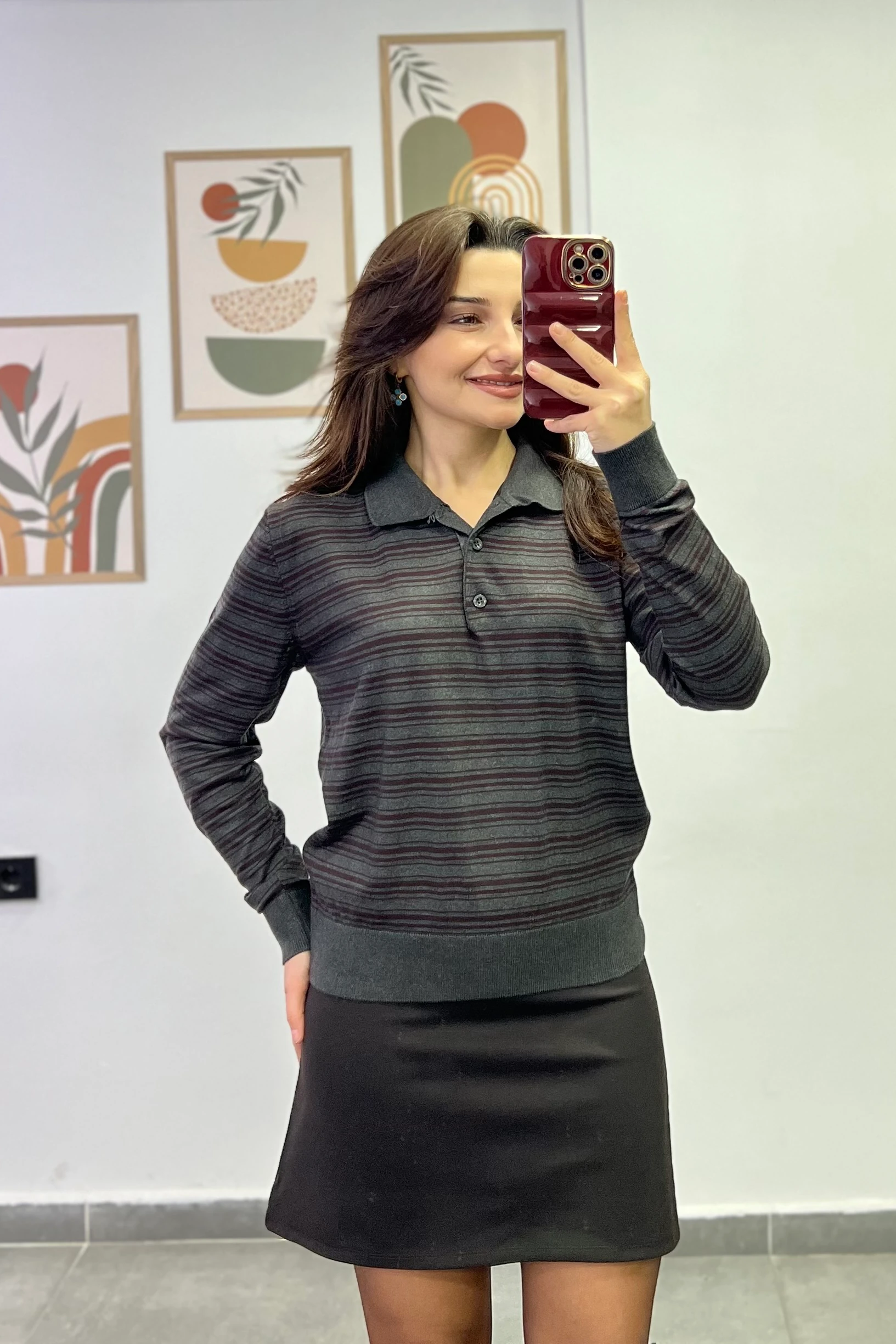 Polo Yaka Düğme Detaylı Çizgili Triko - KAHVERENGİ