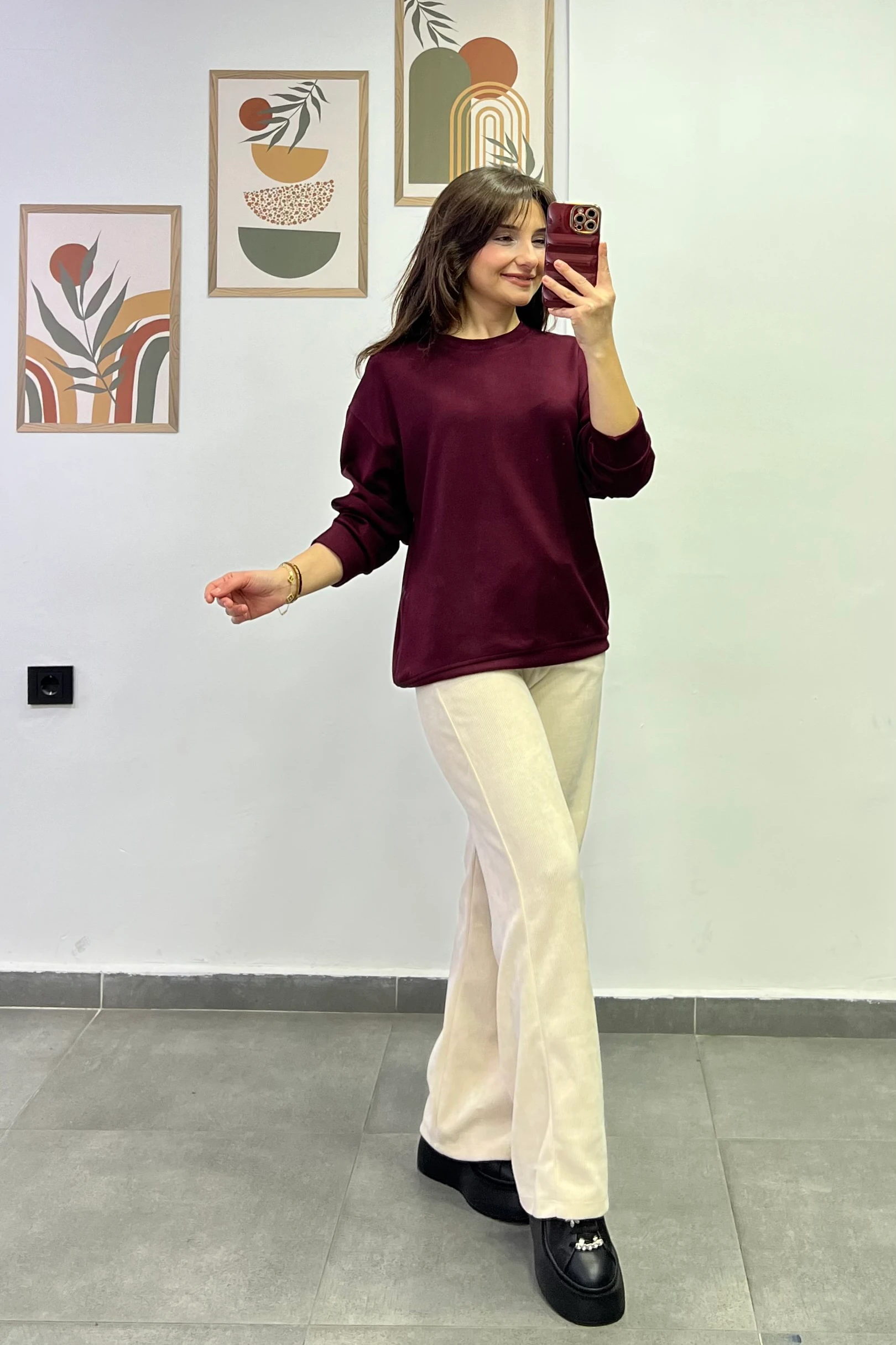 Sotf Touch Düz Basic Sweatshırt - BORDO
