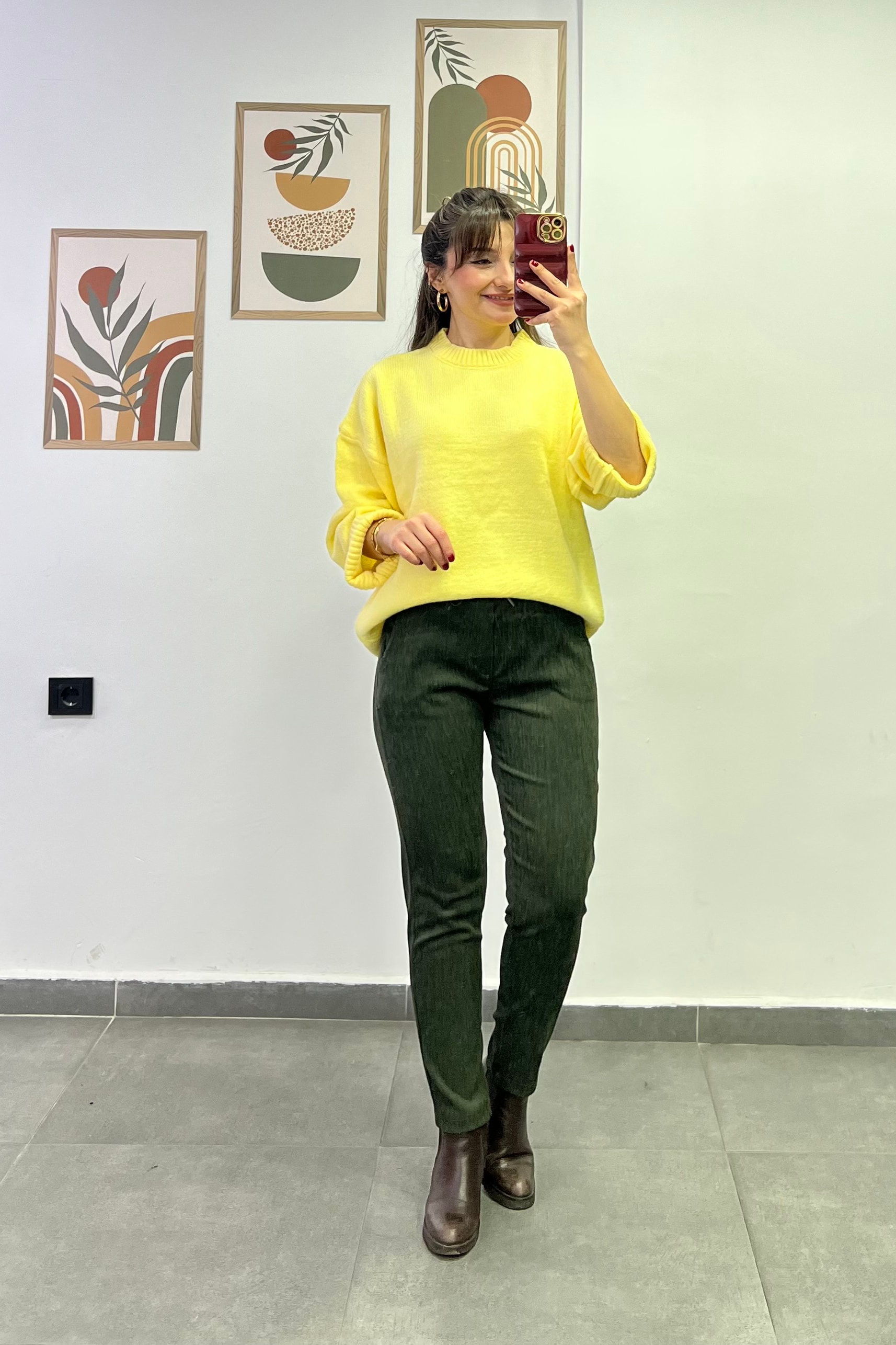 Beli Lastikli Fitilli Kadife Havuç Pantolon - Haki