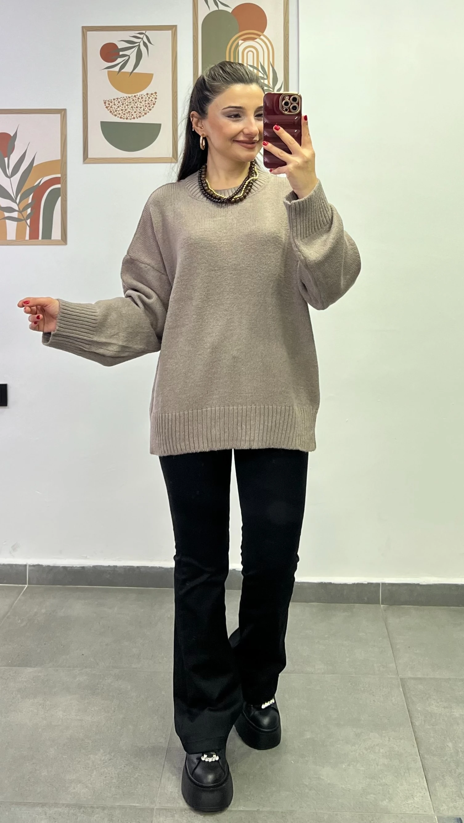 Düşük Omuz Kol Manşetleri Ve Beli Lastikli Kazak - VİZON