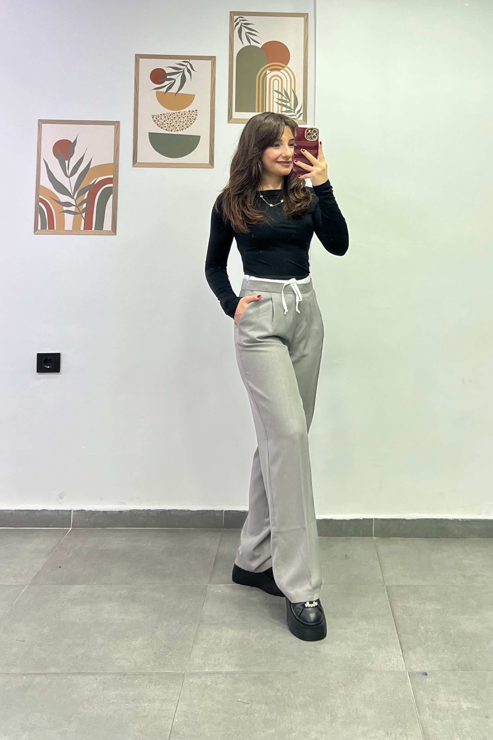 Bel Kısmı Lastikli Çift Kemer Detaylı Cepli Palazzo Kumaş Pantolon - GRİ