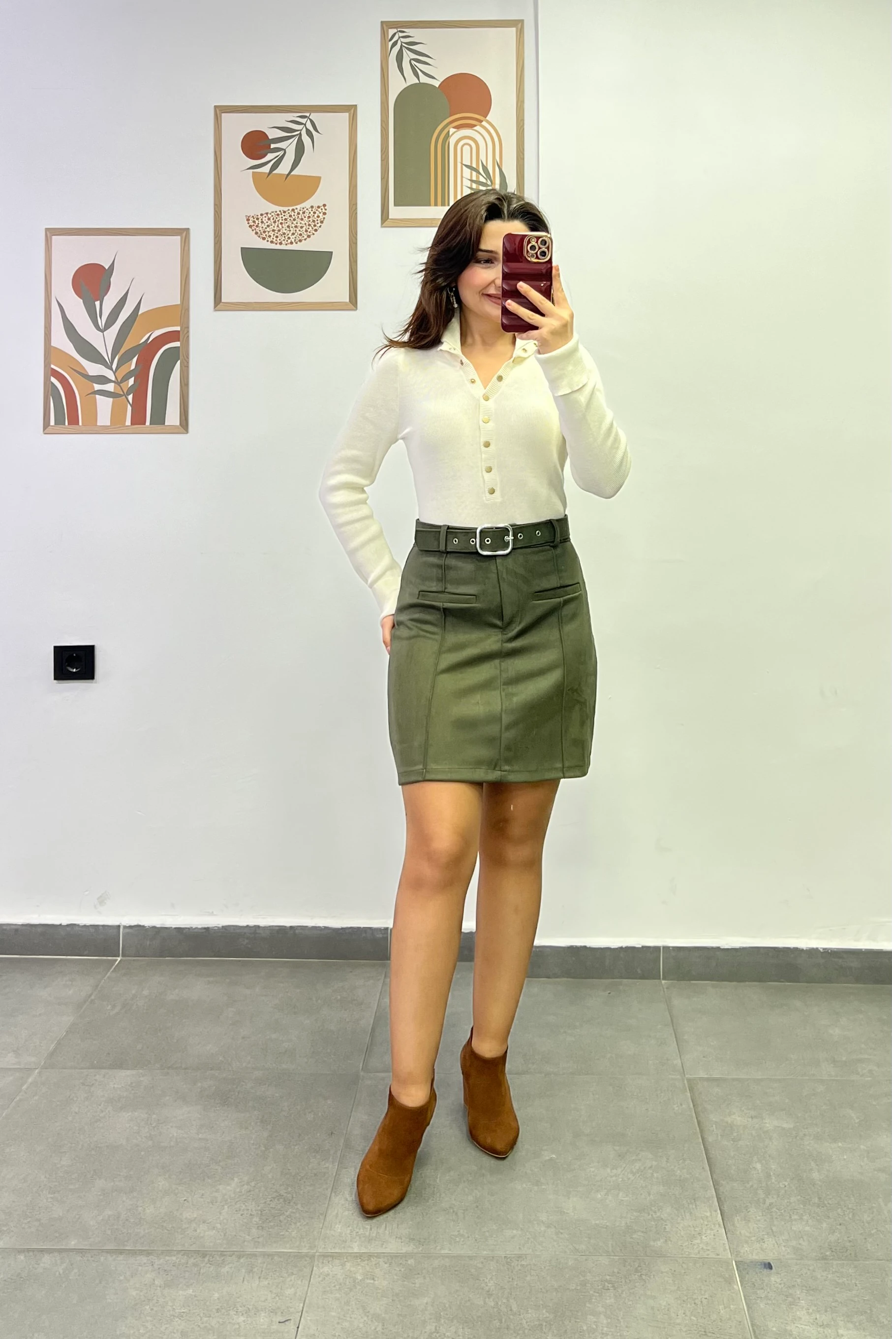 Ön Kısmı Çima Dikişli Cep Görünümlü Kemerli Nubuk Etek - Haki