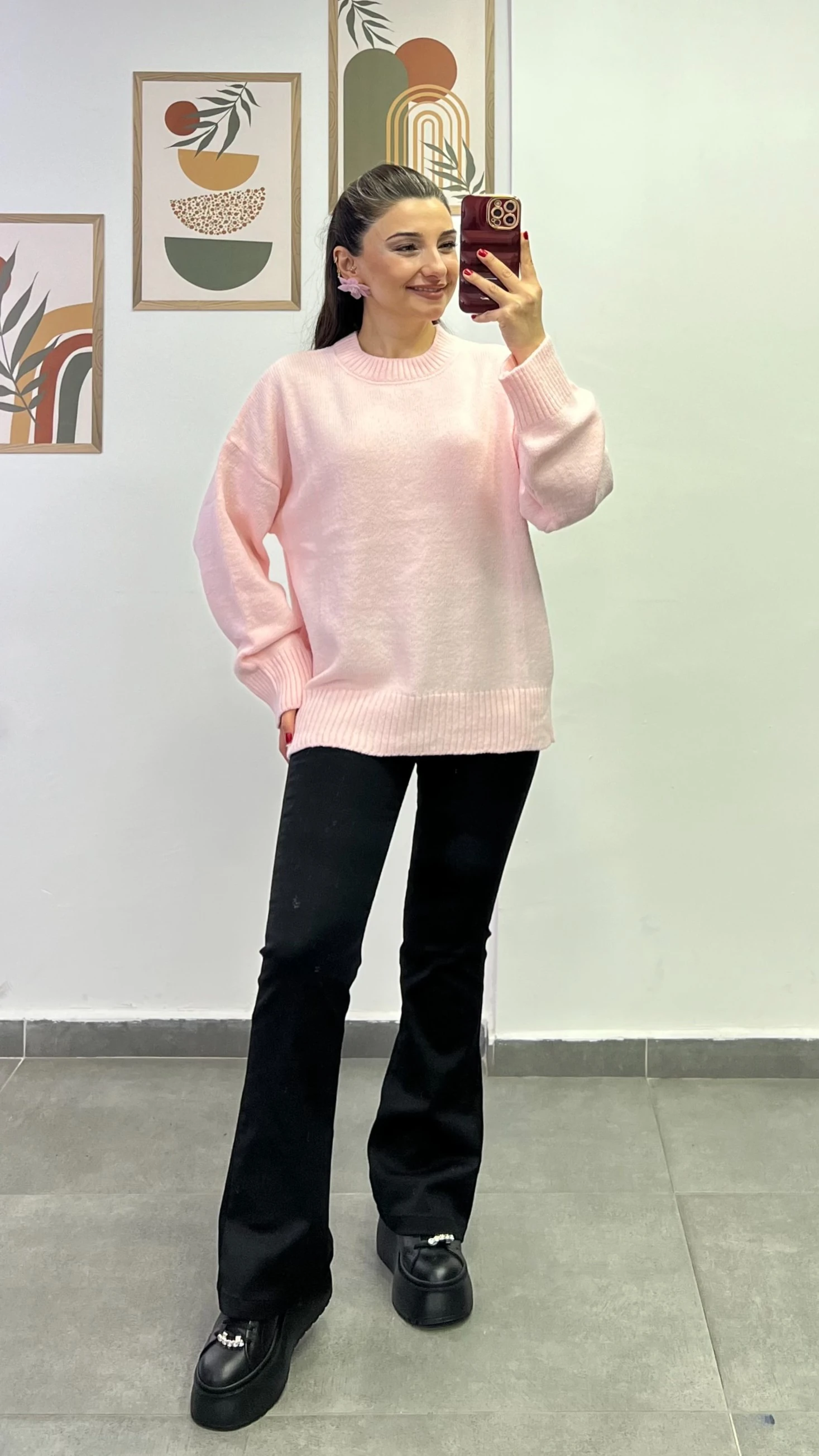 Düşük Omuz Kol Manşetleri Ve Beli Lastikli Kazak - TOZ PEMBE